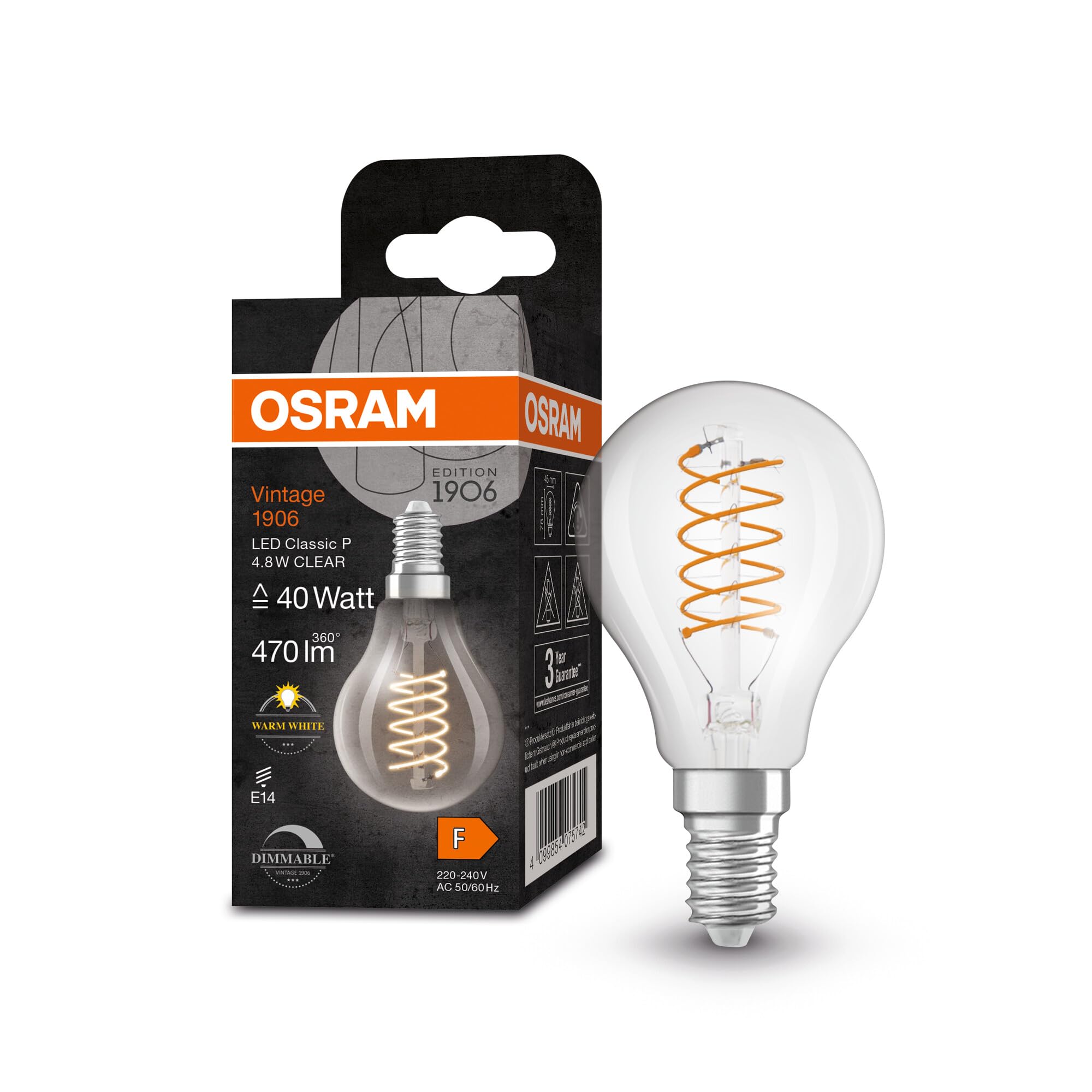 OSRAM Vintage 1906 Classic P Fil Led Lamp, Mini Ball, E14, Clear, 4.8W, 470Lm, 2700K, Warm White Light, Dimmable, Ultra-Slim Filament, Very Low Energy Consumption, Long Life