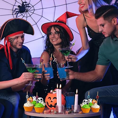 Miniatura 6 de LOMIMOS 150 piezas de Halloween esqueleto para bebida, palo de cóctel colorido con palillo de dientes de madera para cupcakes, piscina, fiesta,