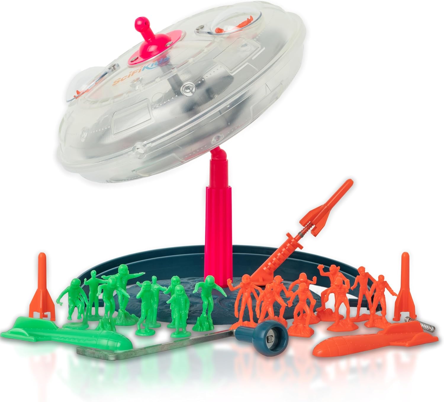 Retro Mystery Spaceship (Transparent) – Wind-Up Gyroscope Toy for Boys and Girls, Classic Space Toy for Kids, STEM Science Physics with Spacemen & Spring-loaded Rockets, Vintage Mechanical Toy, Age 5+