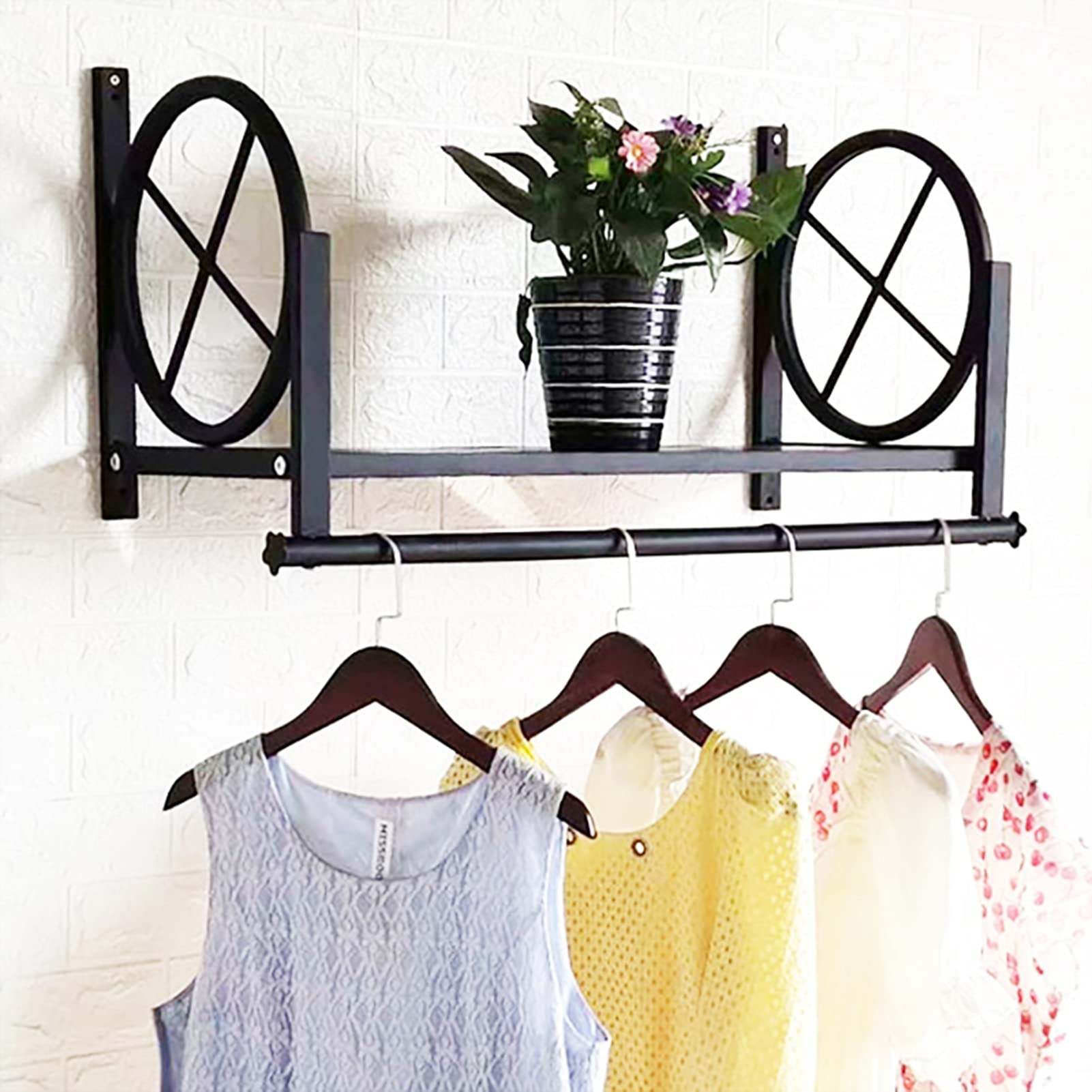SaryEdge Clothing Rack Wall Mounted Garment With Shelves Clothes Rails Metal Coat Hanger Retail Display For Closet, Bedroom, Balcony,Black-60cm,Black-60cm