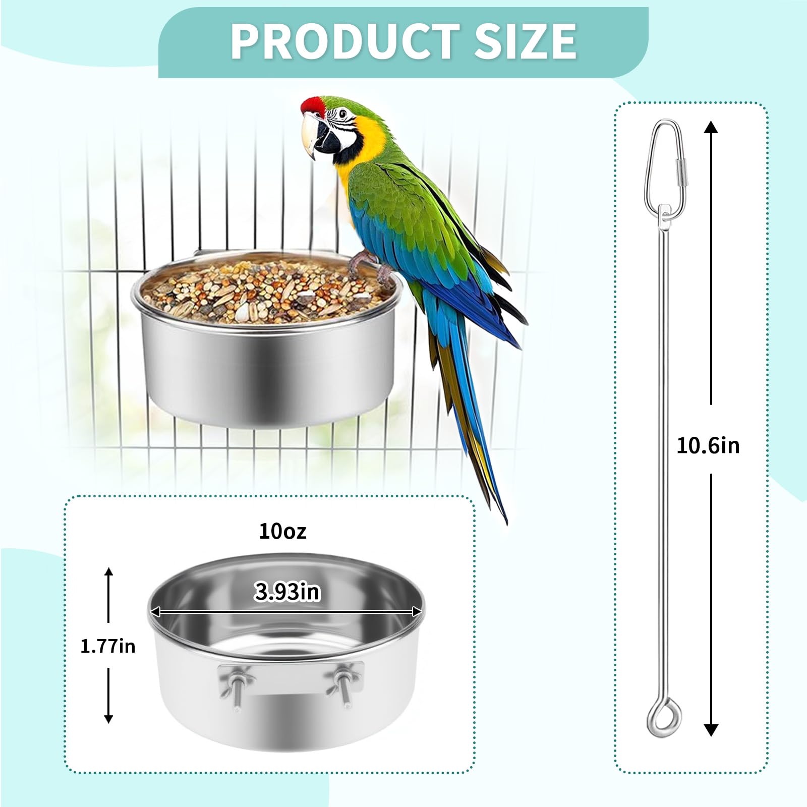2 Pcs Bird Feeder Bowls with 3 Pcs Food Holder for Cage, Parrot Food Water Bowls and Fruit Skewer Foraging Toy, Stainless Steel Bird Feeding Dish Cups for Small Animals (Silvery, 5 Pcs) - image 4
