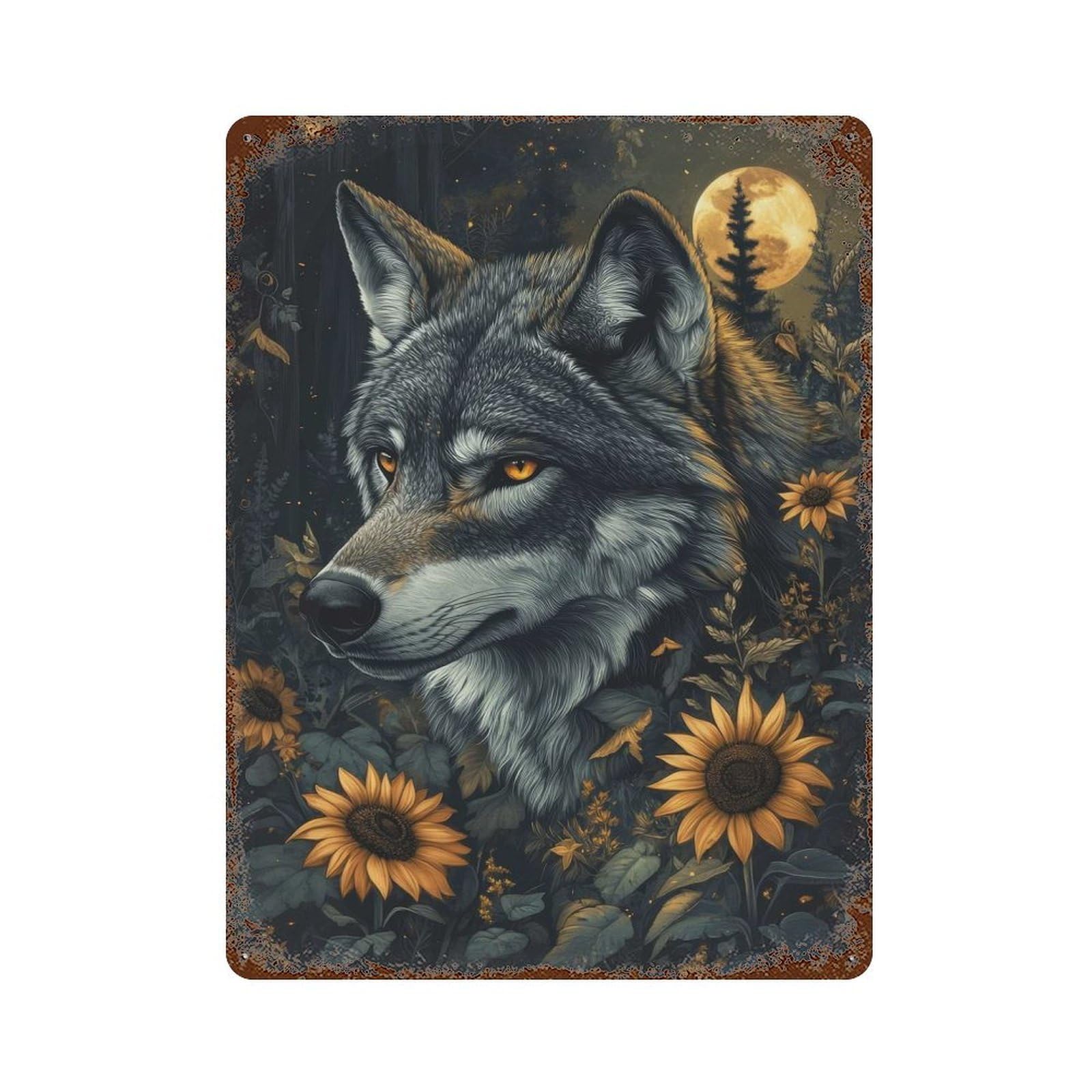Wolf in Sunflower Field 15.7"x11.8" Vintage Rust Metal Sign, Classic Wall Plaque for Pub, Kitchen And Man Cave Decor