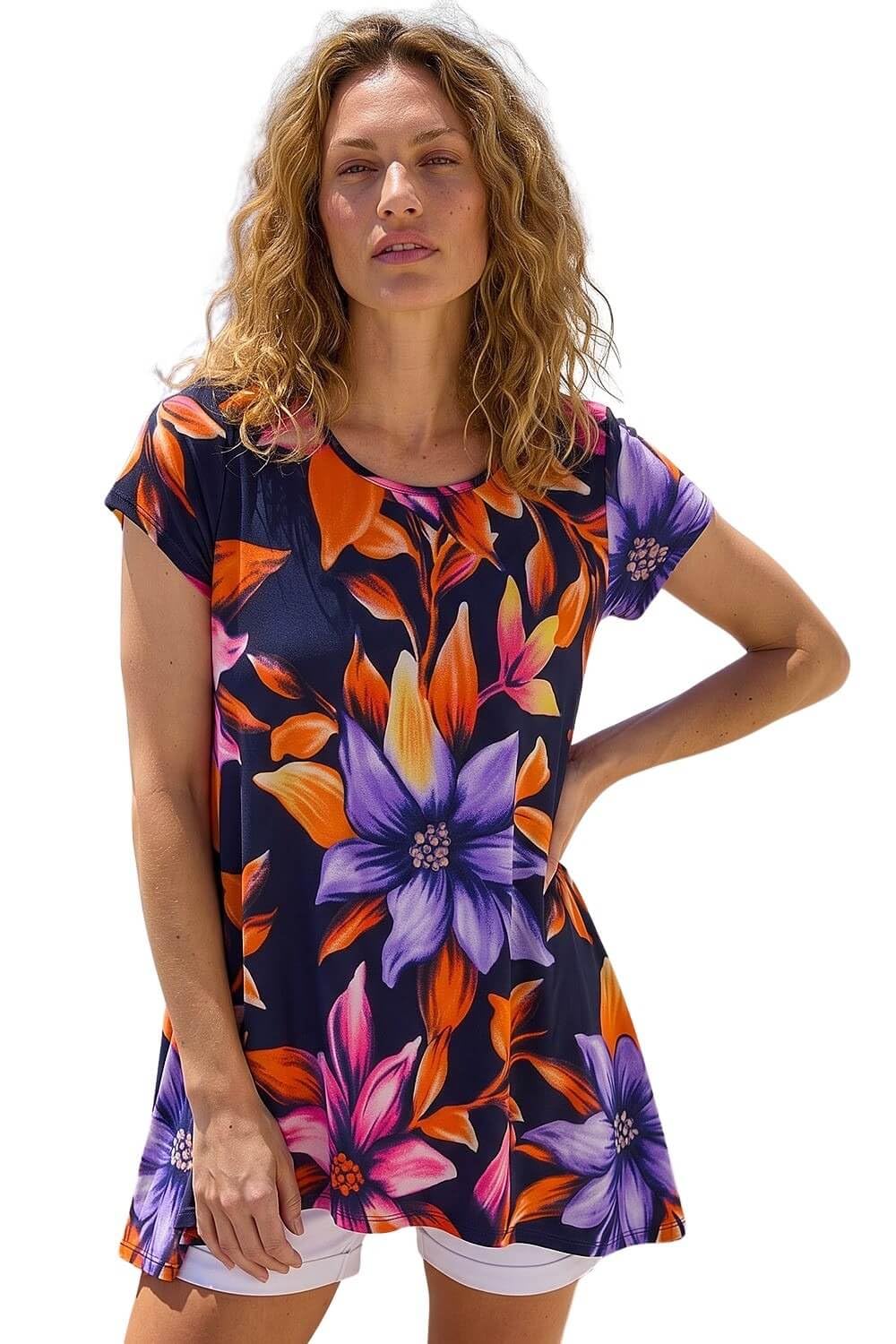 Roman Women's Navy Floral Print Hanky Hem Tunic Top Size 18