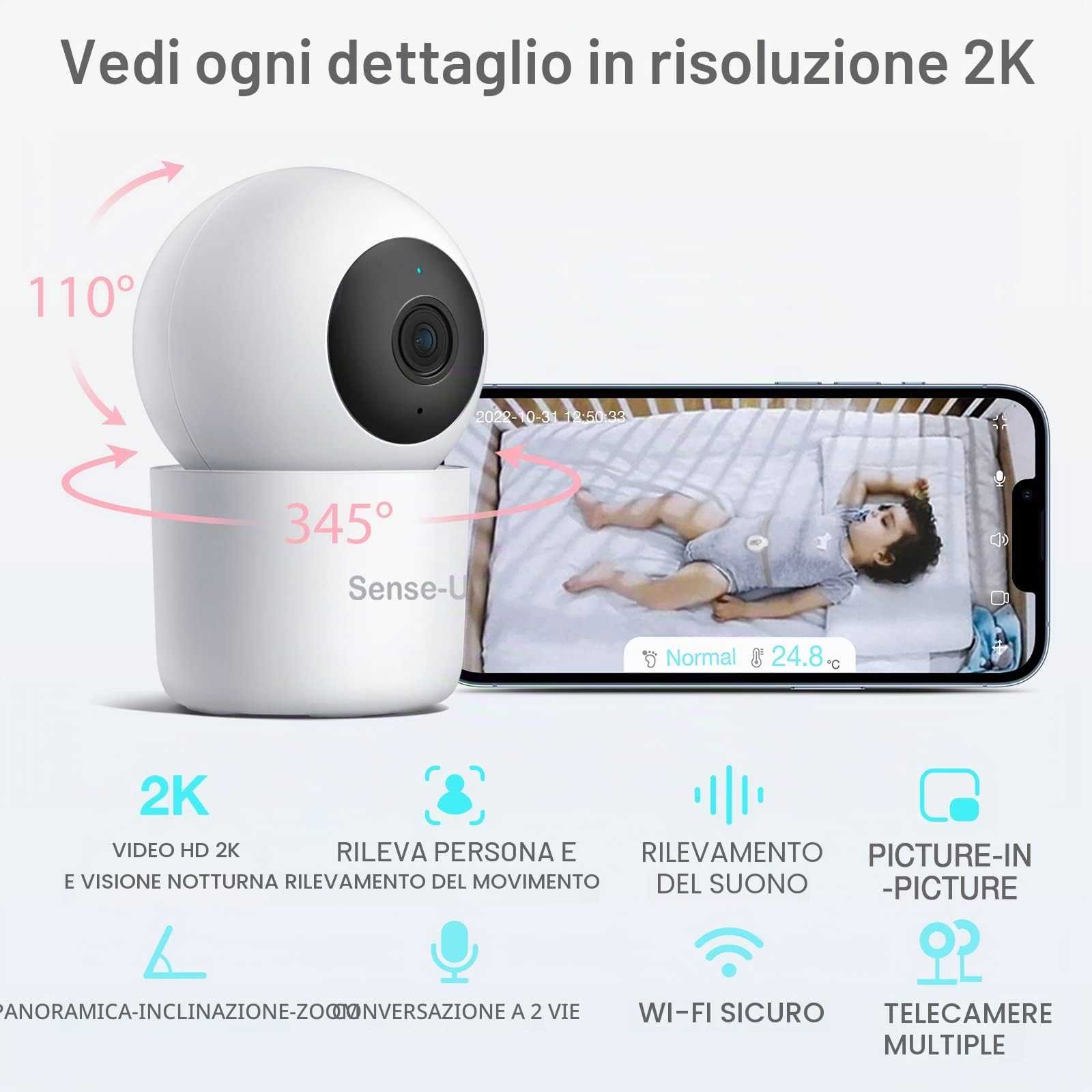 Sense-U Smart Baby Monitor 3+ Crystal Clear 2K Remote PTZ, rileva posizione sonno, Rollover, Sensori temperatura | Visione notte, conversazione bidirezionale, rilevamento