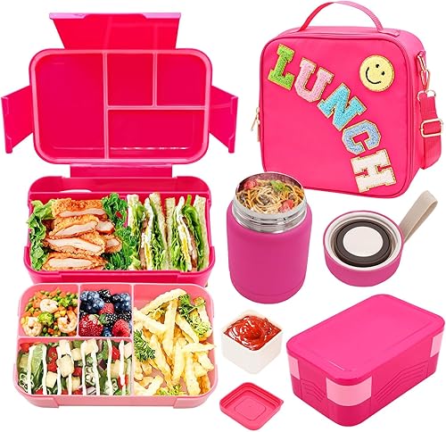 Lonchera Bento para niños con tarro térmico de 10 onzas, recipientes de almuerzo a prueba de fugas con 6 compartimentos, bolsa de almuerzo de nailon