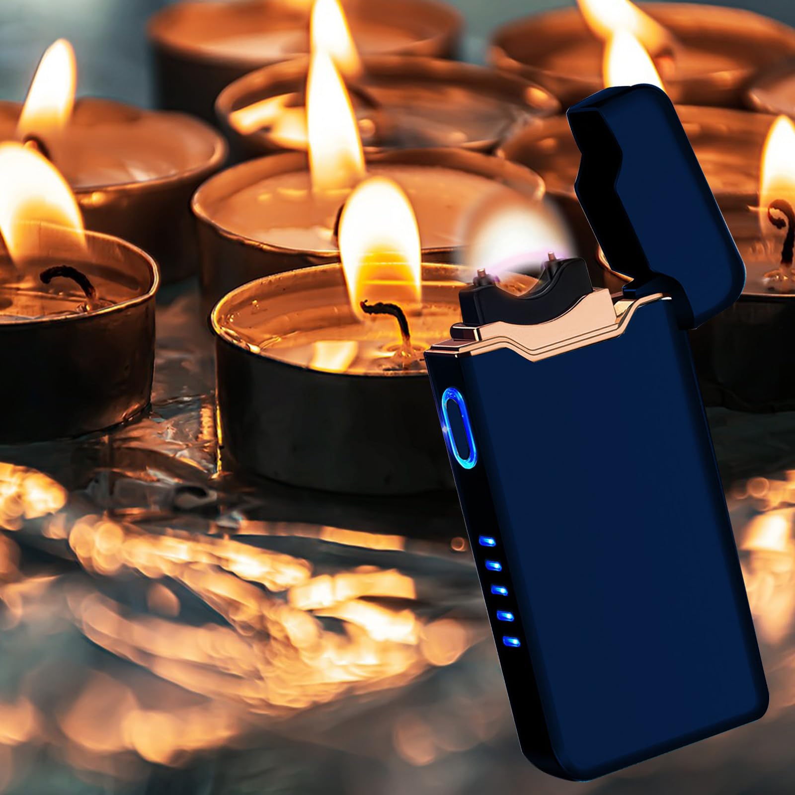 Briquet électrique plasma USB-C rechargeable avec boîtier en métal et indicateur de niveau de charge pour feux d'artifice, camping, bougies, barbecue, extérieur, bleu