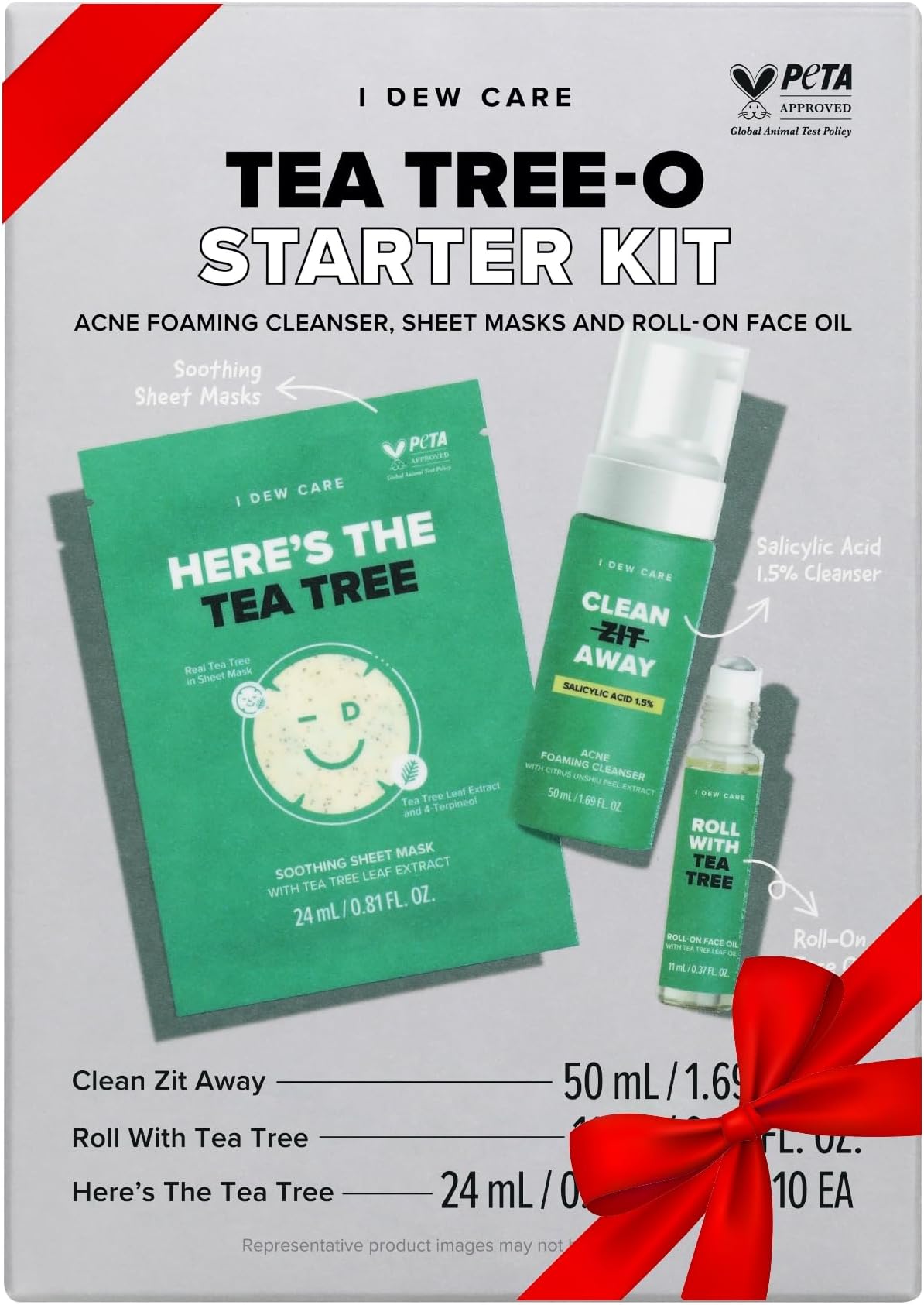 I Dew Care Tea Tree Skincare Set - Tea Tree-O Starter Kit | Salicylic Acid & Tea Tree Oil, Acne Care Treatment, Cleanser, Sheet Masks, and Roll-On Face Oil, Travel Size, TSA Friendly Size