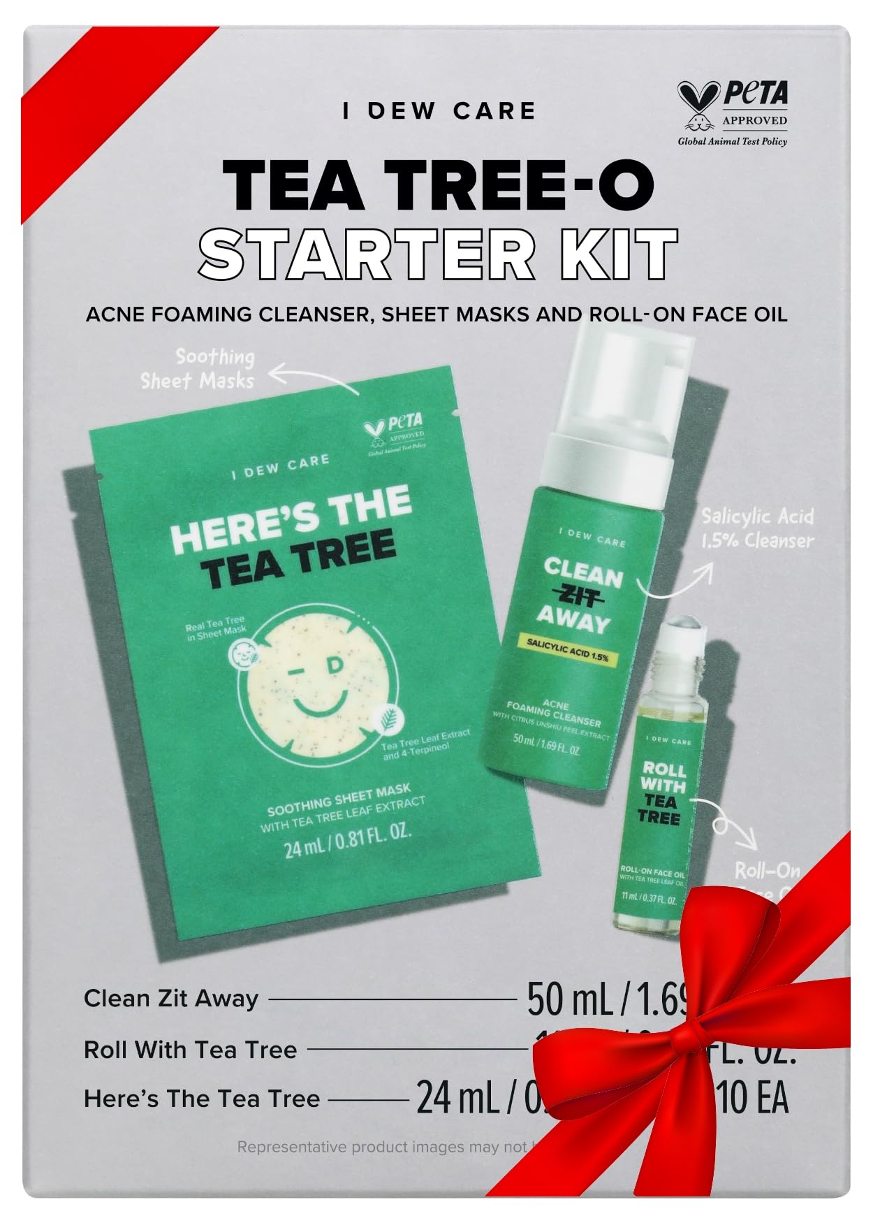 I Dew Care Tea Tree Skincare Set - Tea Tree-O Starter Kit | Salicylic Acid & Tea Tree Oil, Acne Care Treatment, Cleanser, Sheet Masks, and Roll-On Face Oil, Travel Size, TSA Friendly Size