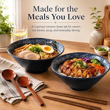 Japanese Ramen Bowl Set of 2, 40oz Large Ceramic Noodle Bowls with Spoons and Chopsticks, Microwave & Dishwasher Safe Soup Pho Bowl for Asian Food, Ideal for Home, Dorm, Gift