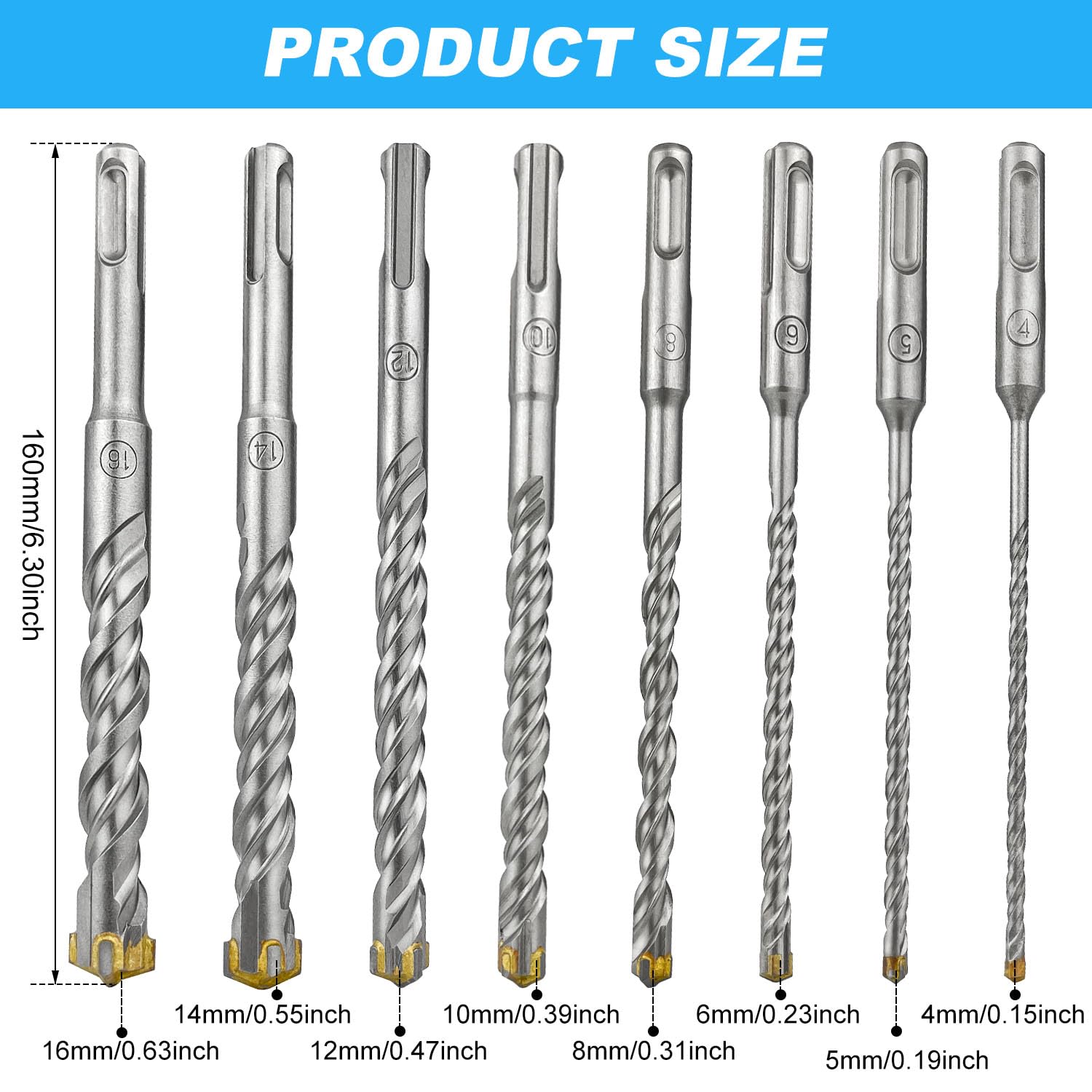 SDS Plus - Juego de brocas para hormigón (8 unidades, tamaños 4,5,6,8,10,12,14,16 mm × 160 mm, para taladrar hormigón, piedra, madera, ladrillo, azulejos, con 2 pares de guantes)