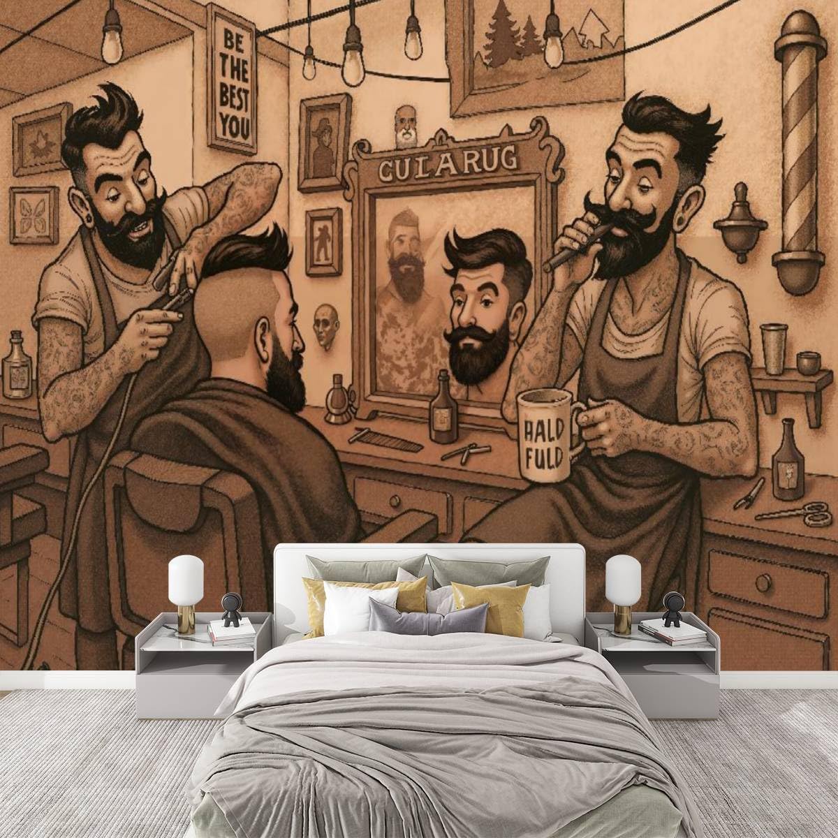 Peel and Stick Wallpaper Wall Mural Barbershop Hipster Barber Customer Haircut Retro Interior Self Adhesive Accent 3D Wallpaper for Barber Shop Hair Salon Boho Decorative Wall Decals