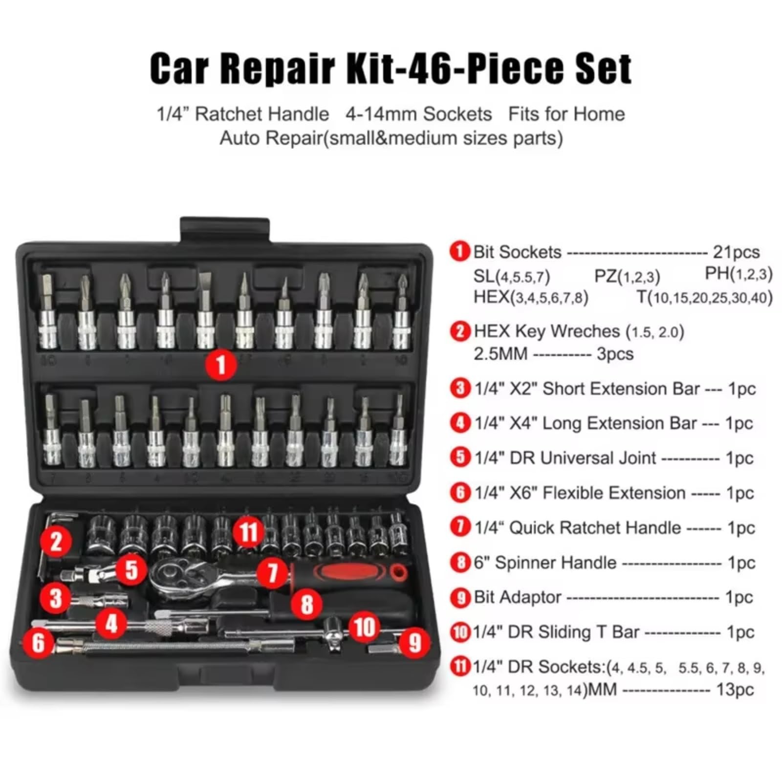 Maletín herramientas multiusos Kit Herramientas Reparación Automóviles Juego Enchufes 1/4 Pulgadas Reparación Automóviles Llave Dinamométrica Trinquete Conjunto Automática Mecánica 46 Uds.