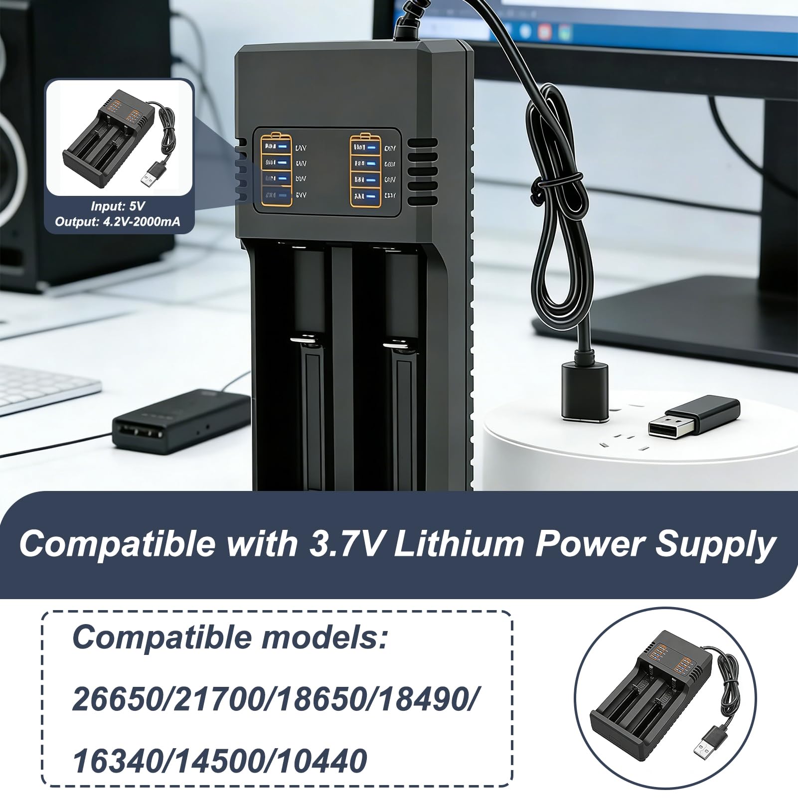 Cargador Rápido Inteligente 18650 USB, Cargador para Baterías 3.7V Li-Ion 2 Ranuras, con Pantalla LCD para 21700 26650 18500 18650 16340 14500, Universal para Baterías Litio con Protección Temperatura — view 5