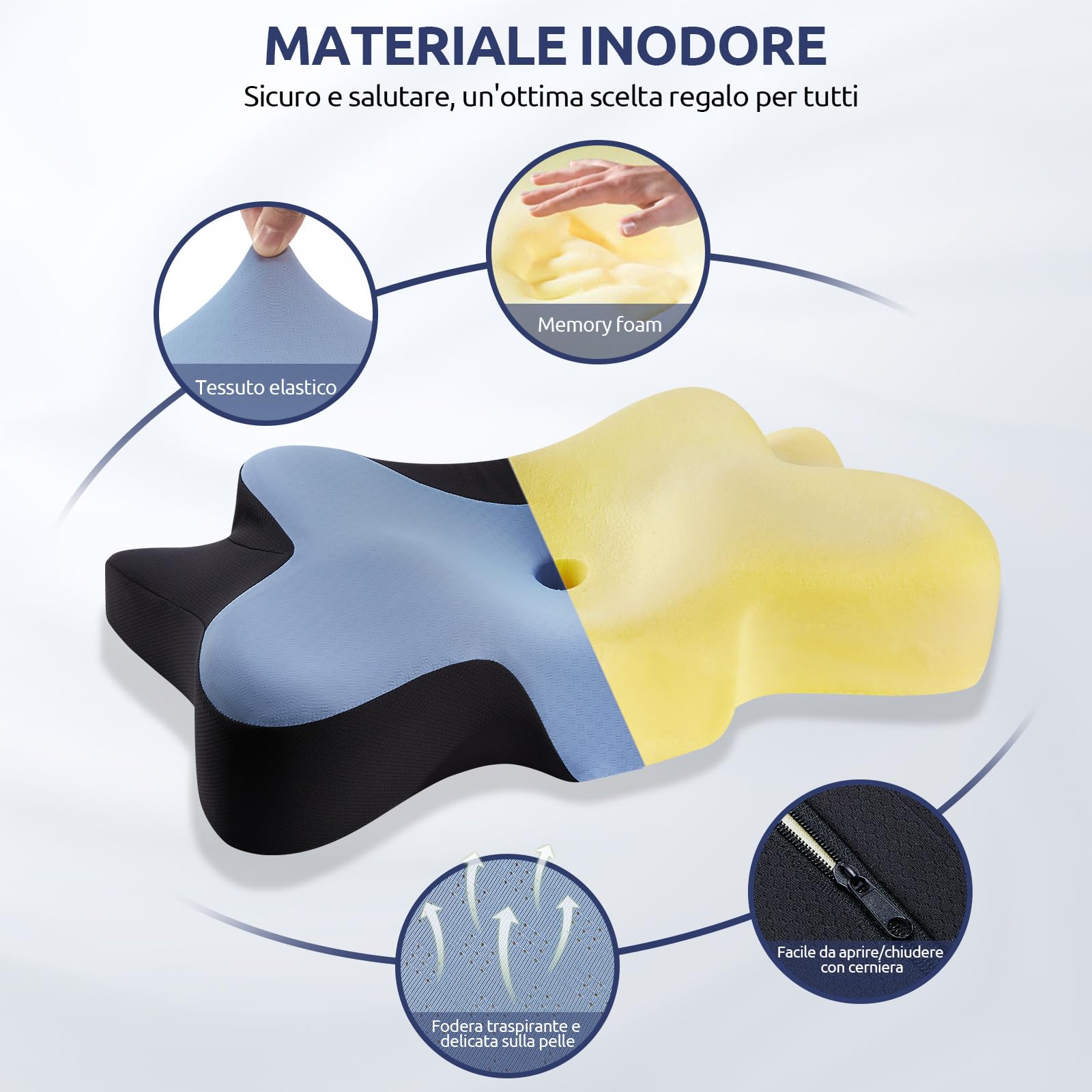 DONAMA Almohada cervical para dormir, cojín cervical ergonómico para dormir de lado, espalda y boca abajo con funda de almohada extraíble y lavable (azul y negro, 66 x 37 x 13 cm)
