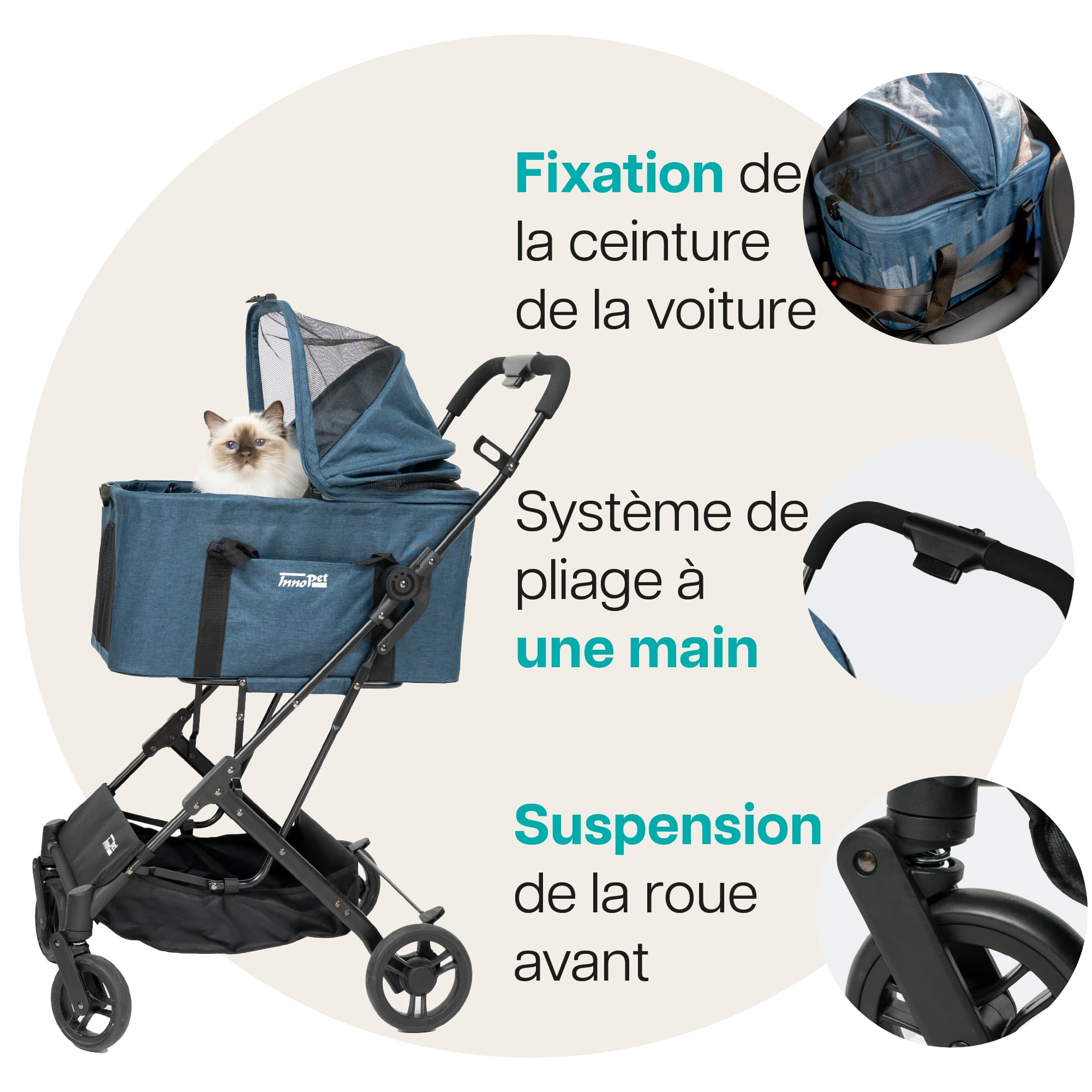 Poussette compacte 2 en 1 Innopet pour chiens et chats - Poussette pliable pour animaux avec sac de transport amovible - Buggy légère pour animaux de petite et moyenne taille jusqu'à 20 kg