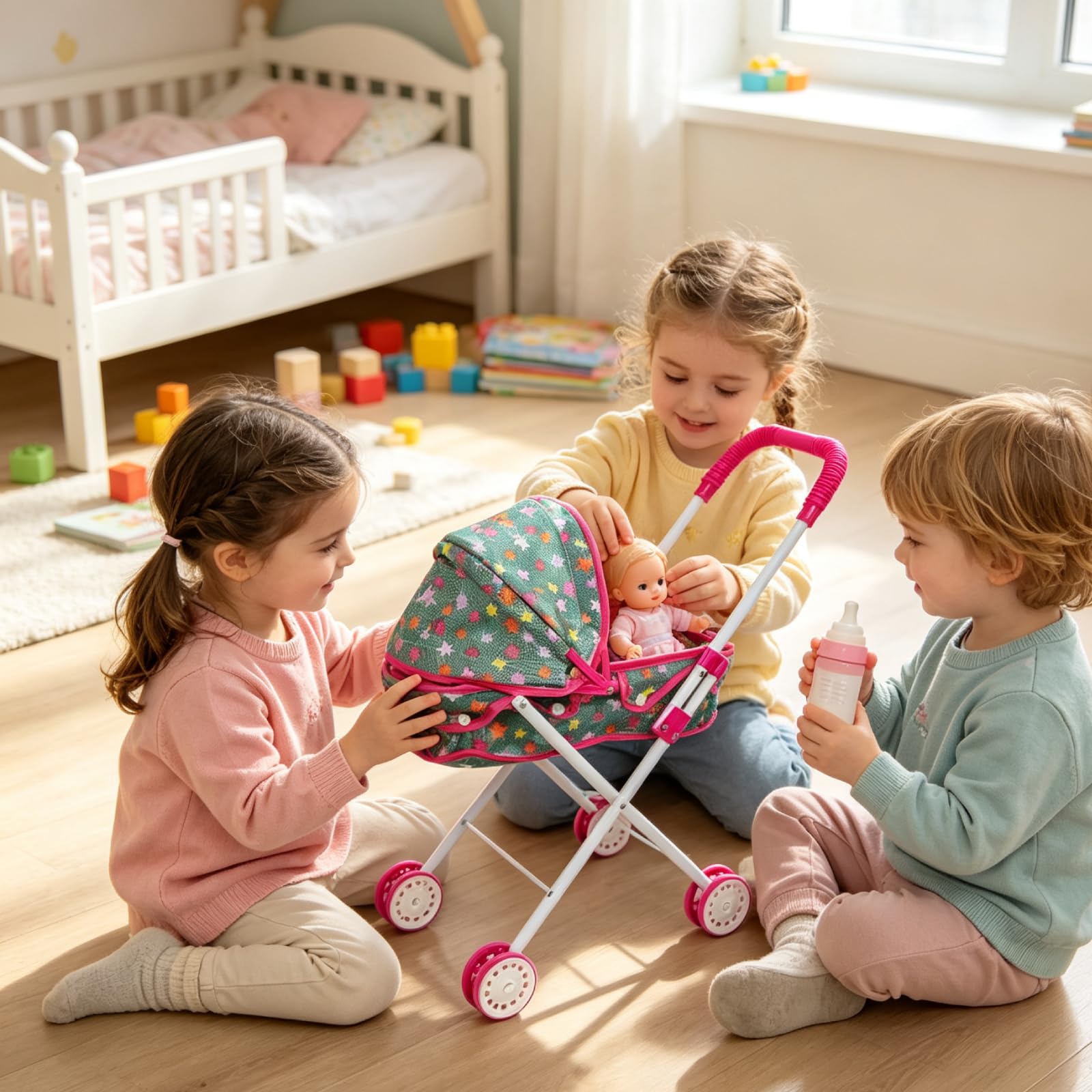 Harilla Passeggino per Bambini, Carrozzina Giocattolo Pieghevole, Accessorio Bambole Canopy Regolabile con Impugnatura Comoda, Adatto a Casa e Attività di Gruppo, Carrello Stella