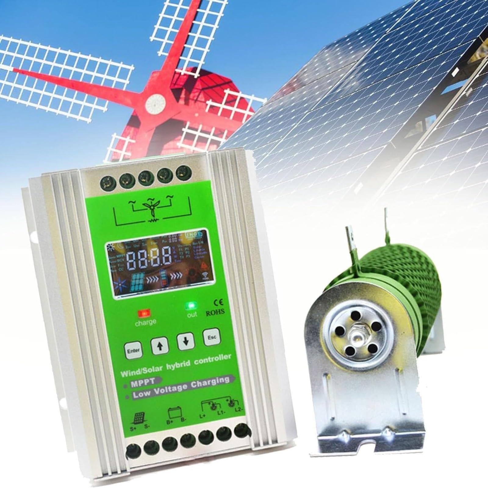 Solare Fotovoltaico Eolico Con Schermo LCD Regolatore Di Carica Solare Ibrido MPPT, Con Funzione Di Ricarica Boost Per Generatore Eolico E Pannello Solare(Wind: 1500W+Solar: 1200W; 48V)