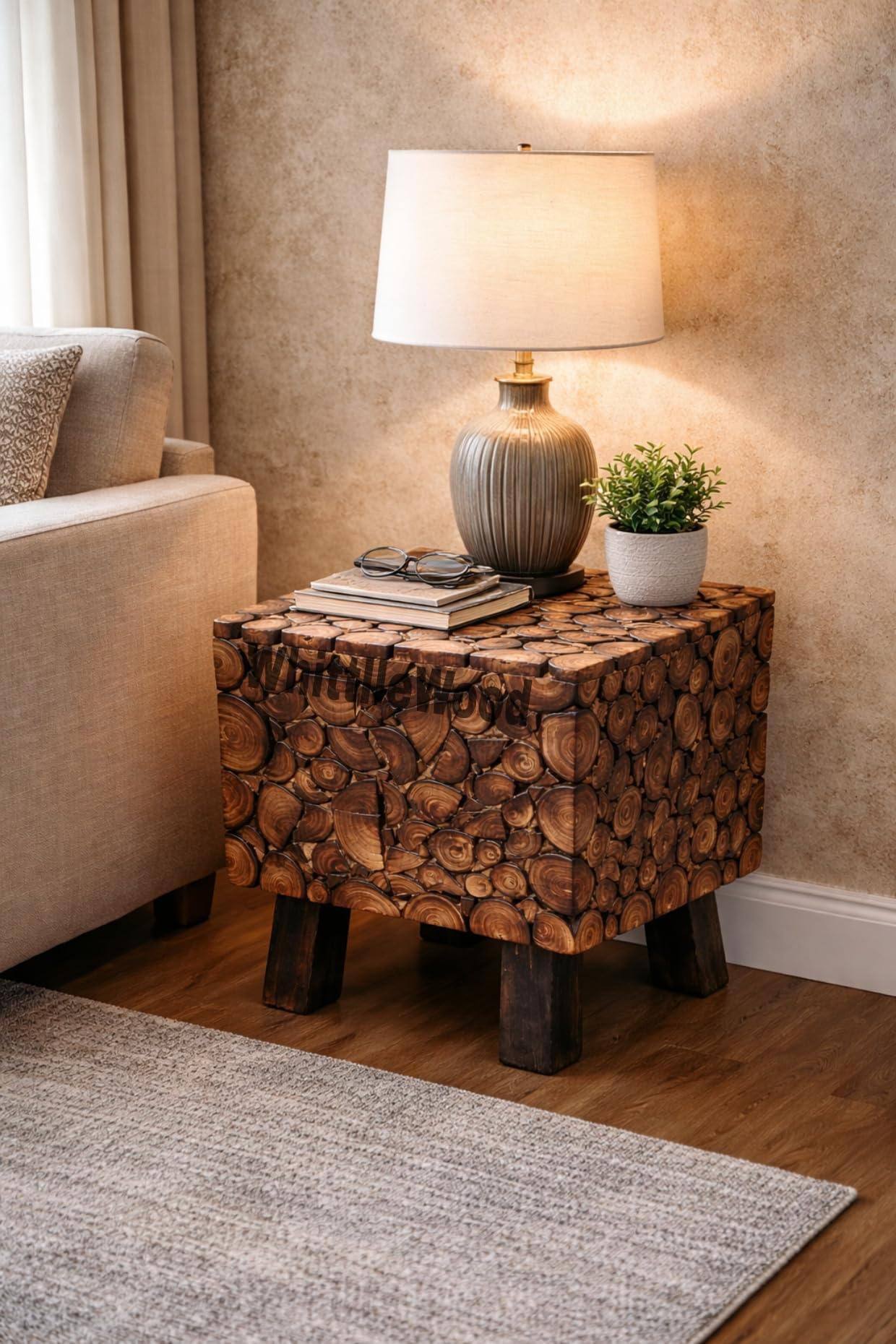 Handcrafted Solid Wood Cube Stool | Rustic Reclaimed Wood Accent Table | Natural Log Slice Design | Indoor Living Room, Bedroom, Patio Decor