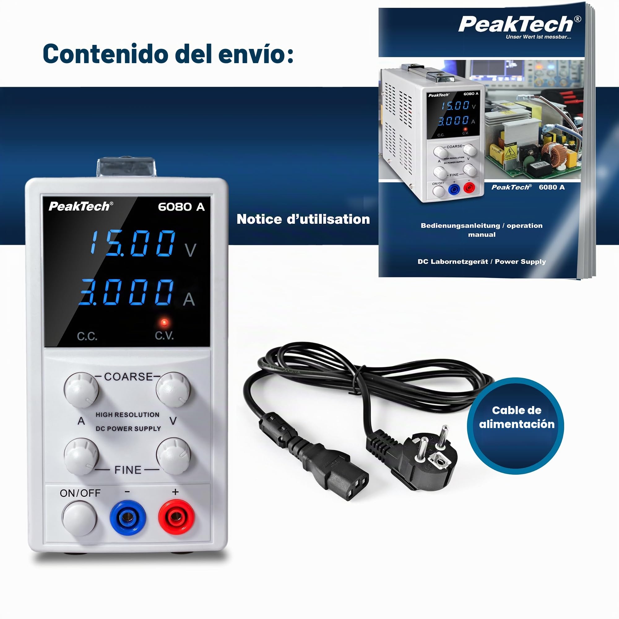 PeakTech 6080 A – Fuente de alimentación de laboratorio digital de alta precisión, 0-15 V / 0-3 A CC, protección contra cortocircuitos y sobrecarga, diseño de caja sin ventilador, pantalla LCD con luz