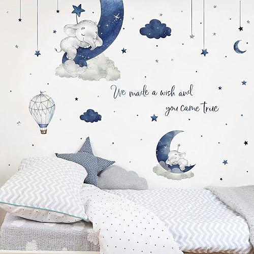 Miniatura 4 de Yovkky Juego de 2 calcomanías de pared con diseño de elefante durmiente en acuarela, soñar con Big Little One, decoración de luna y estrella, nube,