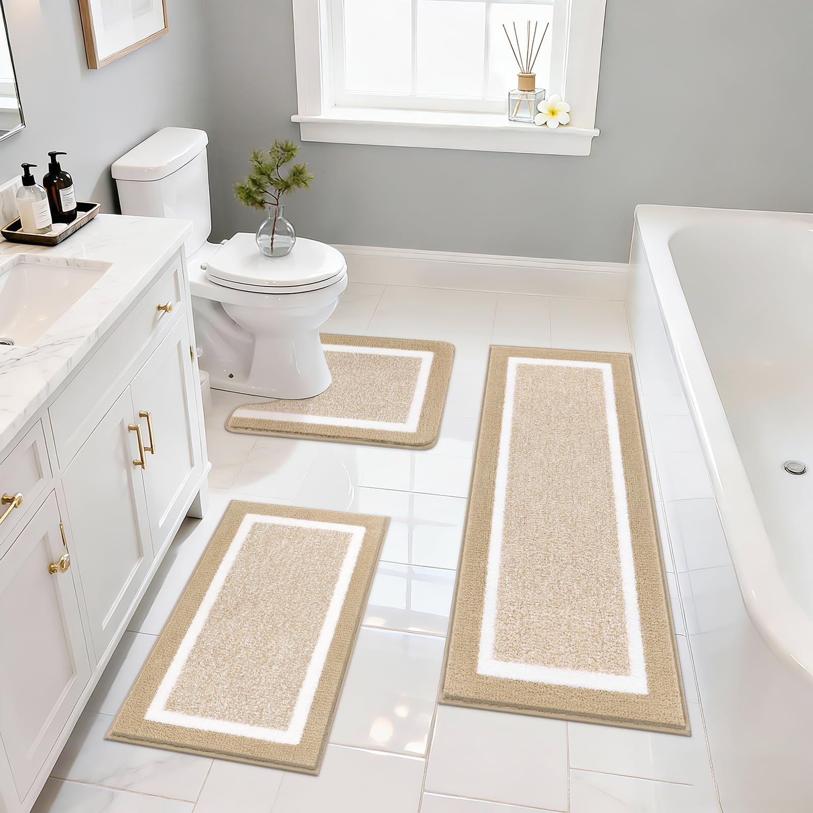 Pauwer Set di 3 tappeti da bagno in microfibra, ultra morbidi, antiscivolo, a forma di U, per bagno, vasca, doccia, lavabili, beige