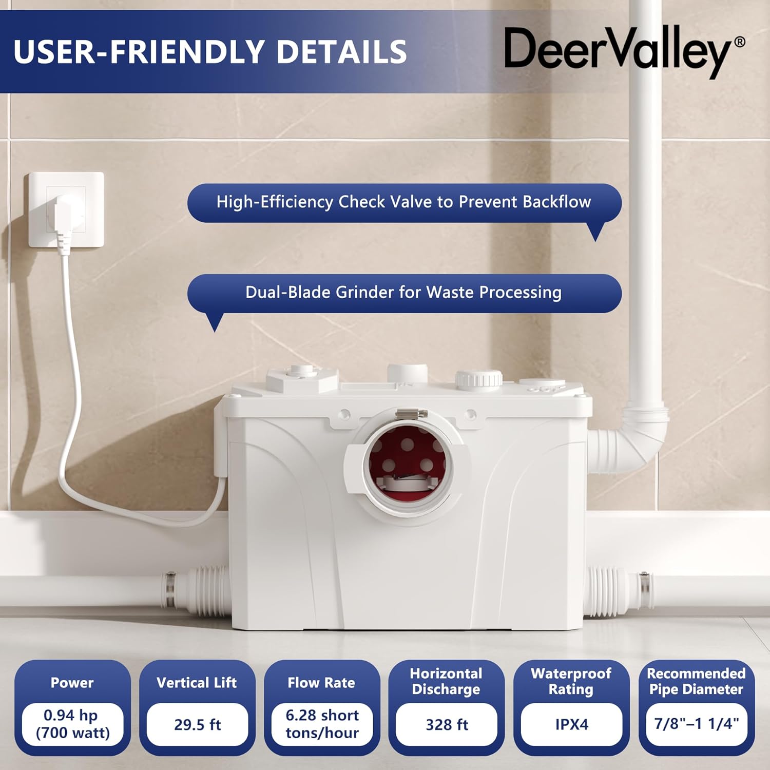 DeerValley 700W Macerating Toilet System, 0.94HP, 23ft Vertical / 230ft Horizontal Pumping,Complete Basement Toilet Installation Kit