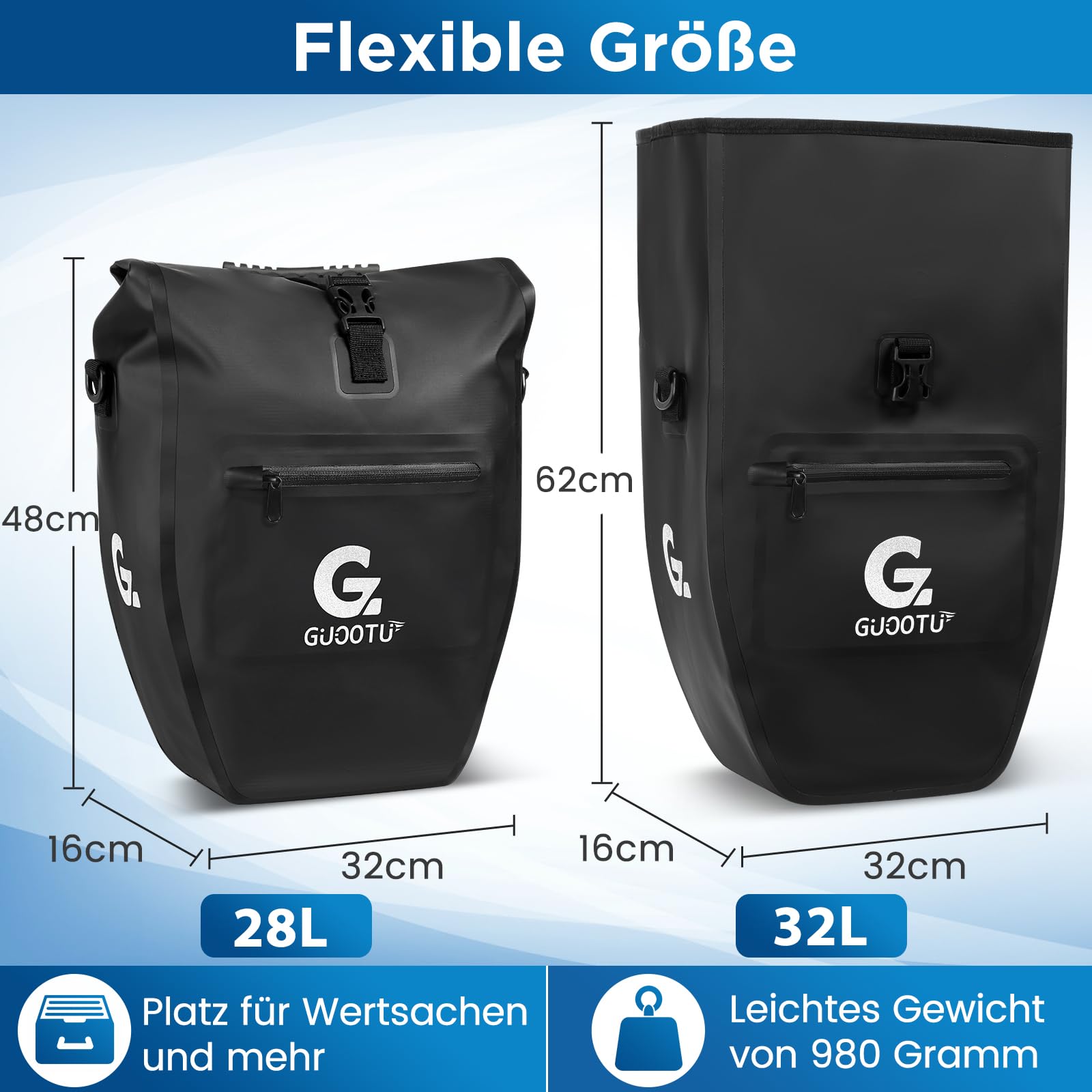 GUOOTU Lot de 2 Sacoches de vélo pour porte-bagages 64L, en toile de bâche Sacoche arrière pour porte-bagages avec réflecteurs, avec poignée de transport et bandoulière (Noir 32L, lot de 2)
