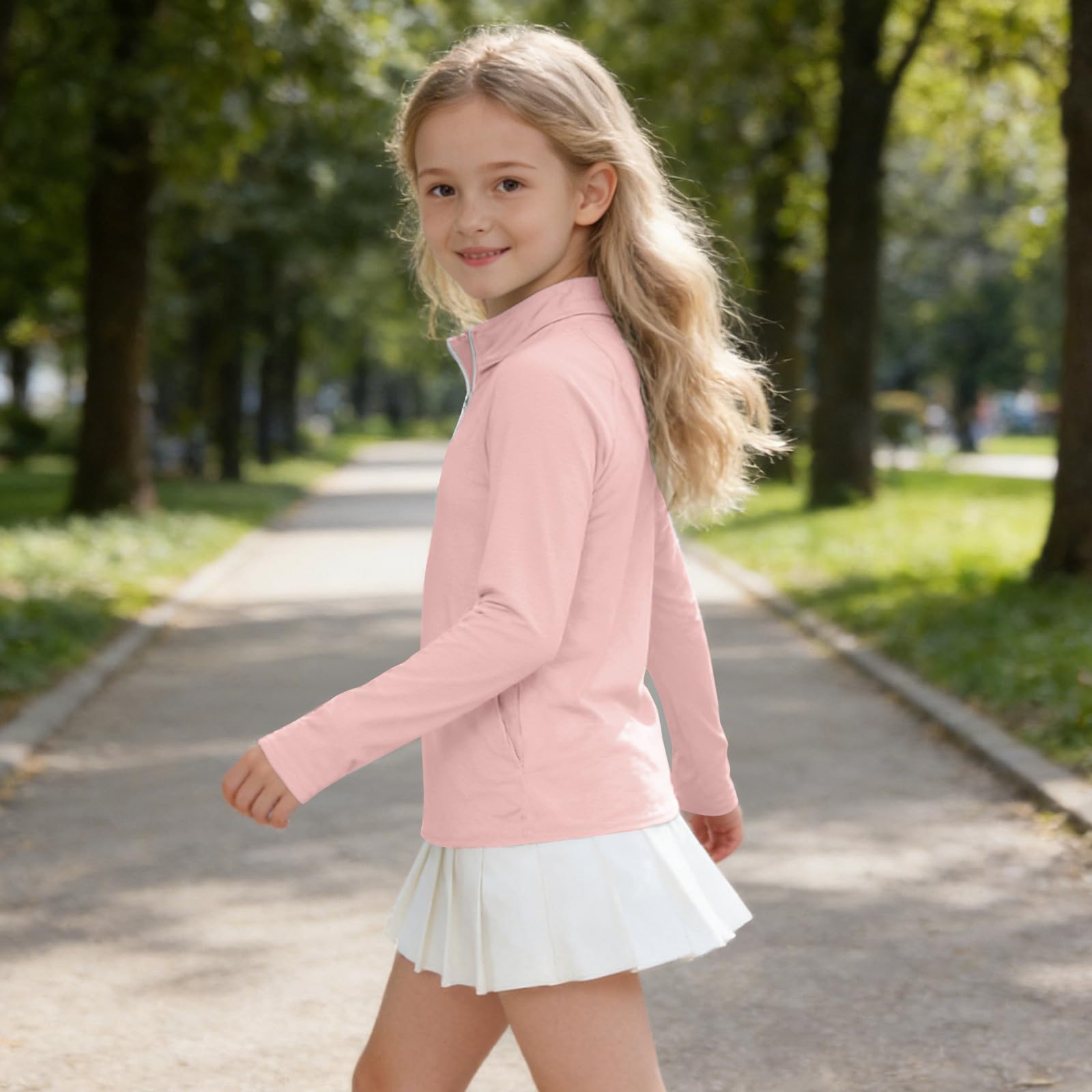 Camiseta de Protección Solar Niña Manga Larga 1/4 Cremallera Secado Rápido Transpirable Thumbhole 4-15 años