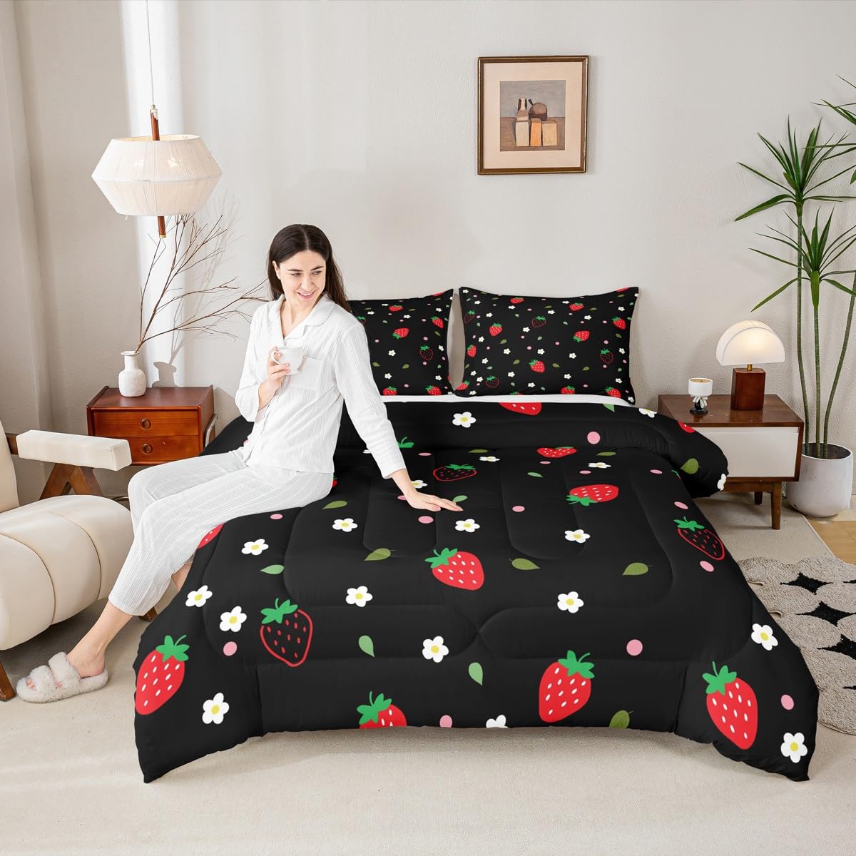 Erosebridal Strawberry Bedding Set, Kawaii Room Decor Bedding Sets for Kids Girls Women, Cute Flower Quilted Duvet Cartoon Floral Bedding Comforters