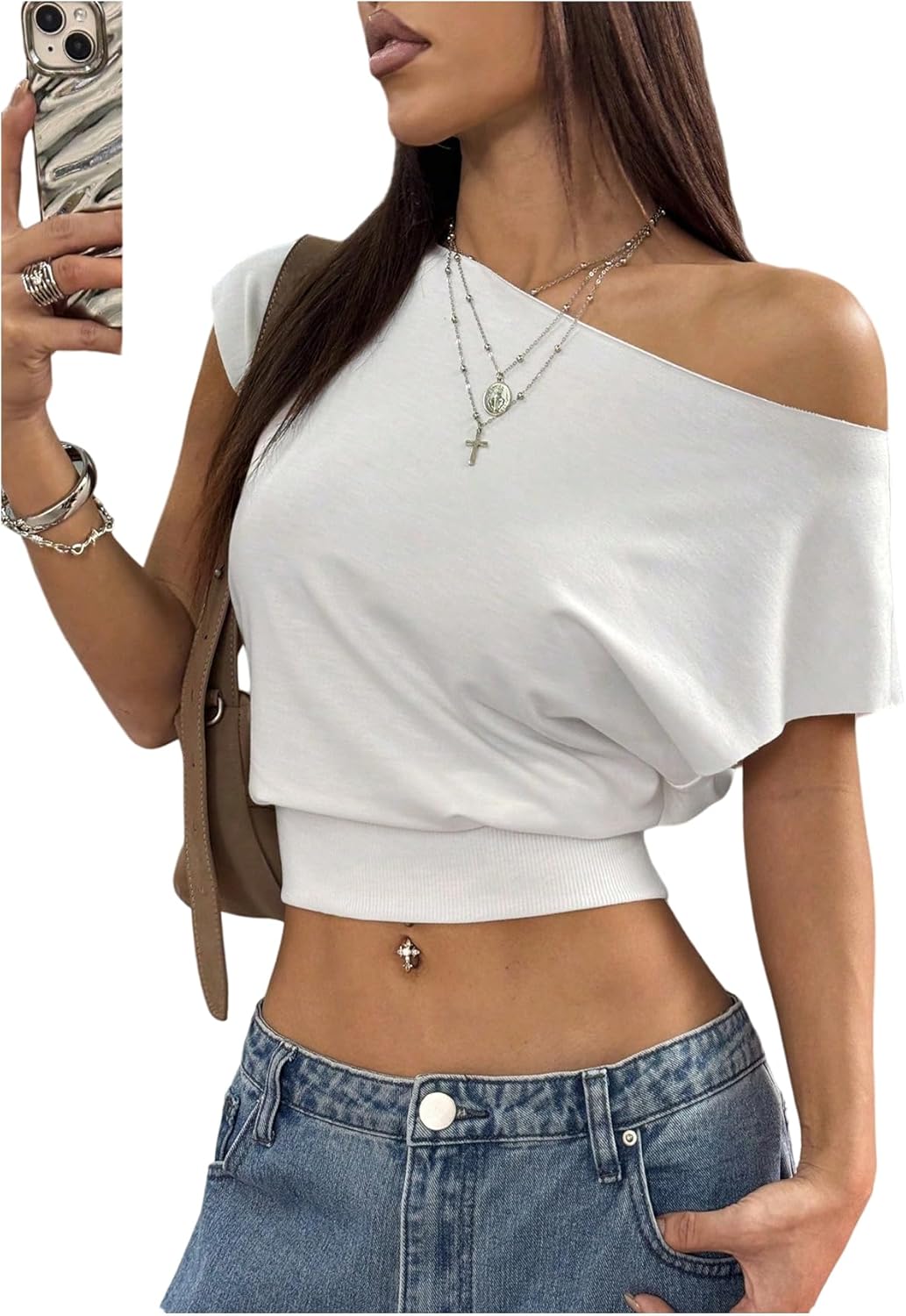 Women's Off The Shoulder Tops Cap Sleeve Tight Hem Cropped T Shirts Y2K Summer Clothes