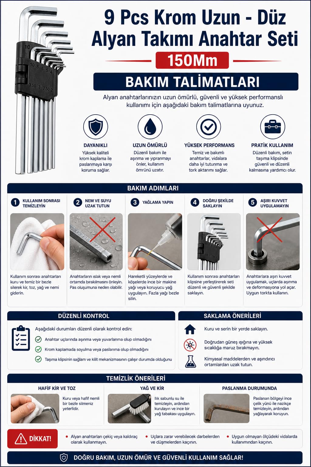 9 Parça Krom Uzun Düz Alyan Anahtar Seti 150 mm (2–10 mm) Dayanıklı Çelik Allen Anahtar Takımı