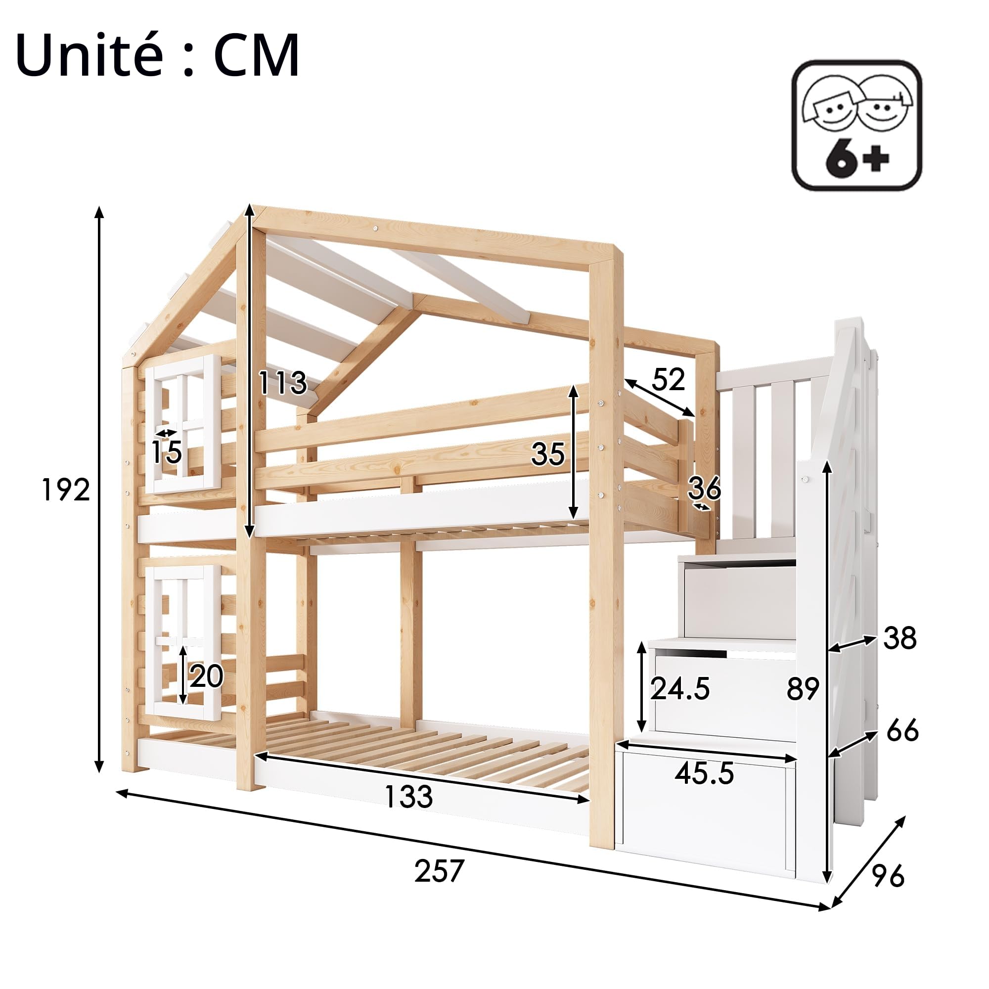 Sapgaks Lit cabane Enfants 90x200 Lit superposé Enfant lit Double lit Simple Protection Anti Chute, cabane d'arbre avec tiroir et Protection Anti Chute, lit Mezzanine pour Enfants Naturel et Blanc