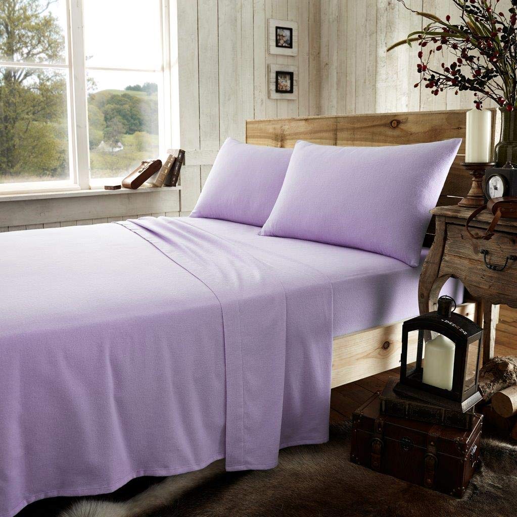 Ehd Lilac Plain Flannelette 100% Natural Brushed Cotton Luxurious Duvet Cover Sets Reversible Bedding Sets With Matching Pillowcases (, Double)