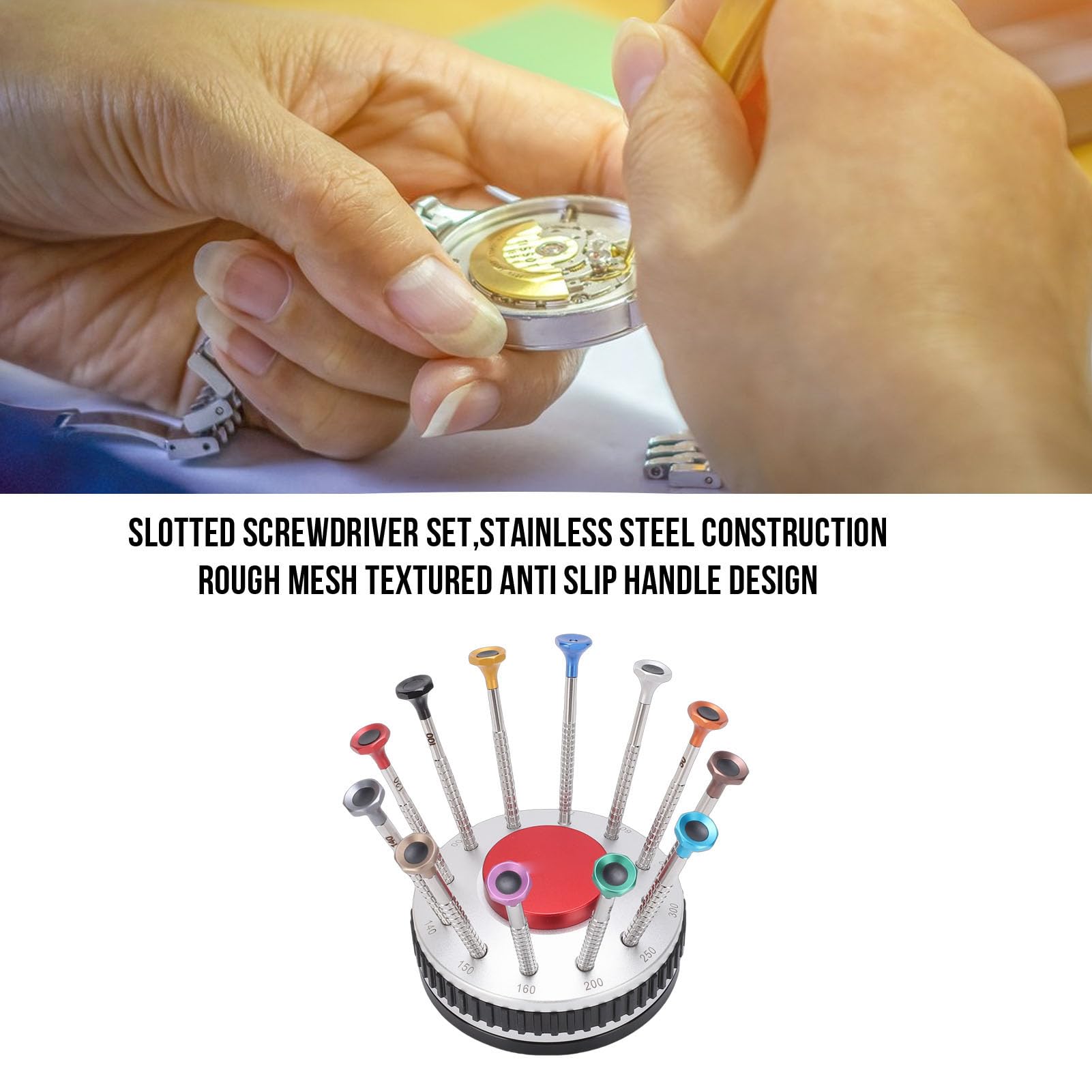 Fockety Zestaw Małych Wkrętaków, 12 Różnych Rozmiarów Zestaw Wkrętaków Szczelinowych do Zegarków ze Stali Nierdzewnej do Wyrobu Biżuterii z antypoślizgową podstawą