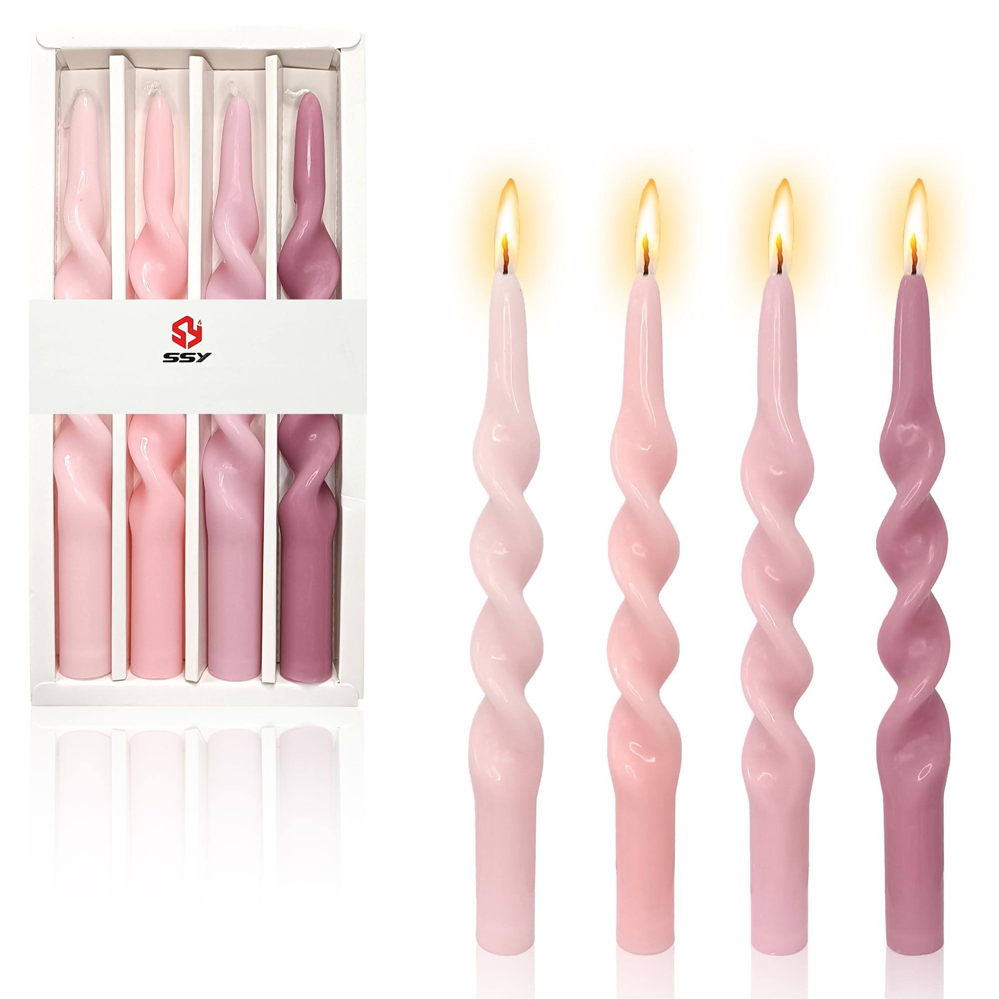 Handmade Spiral Taper Candles - Gradient Color Twisted Candlesticks for Home Decor Dinner Wedding - Set of 4 (#1 Pink Set)
