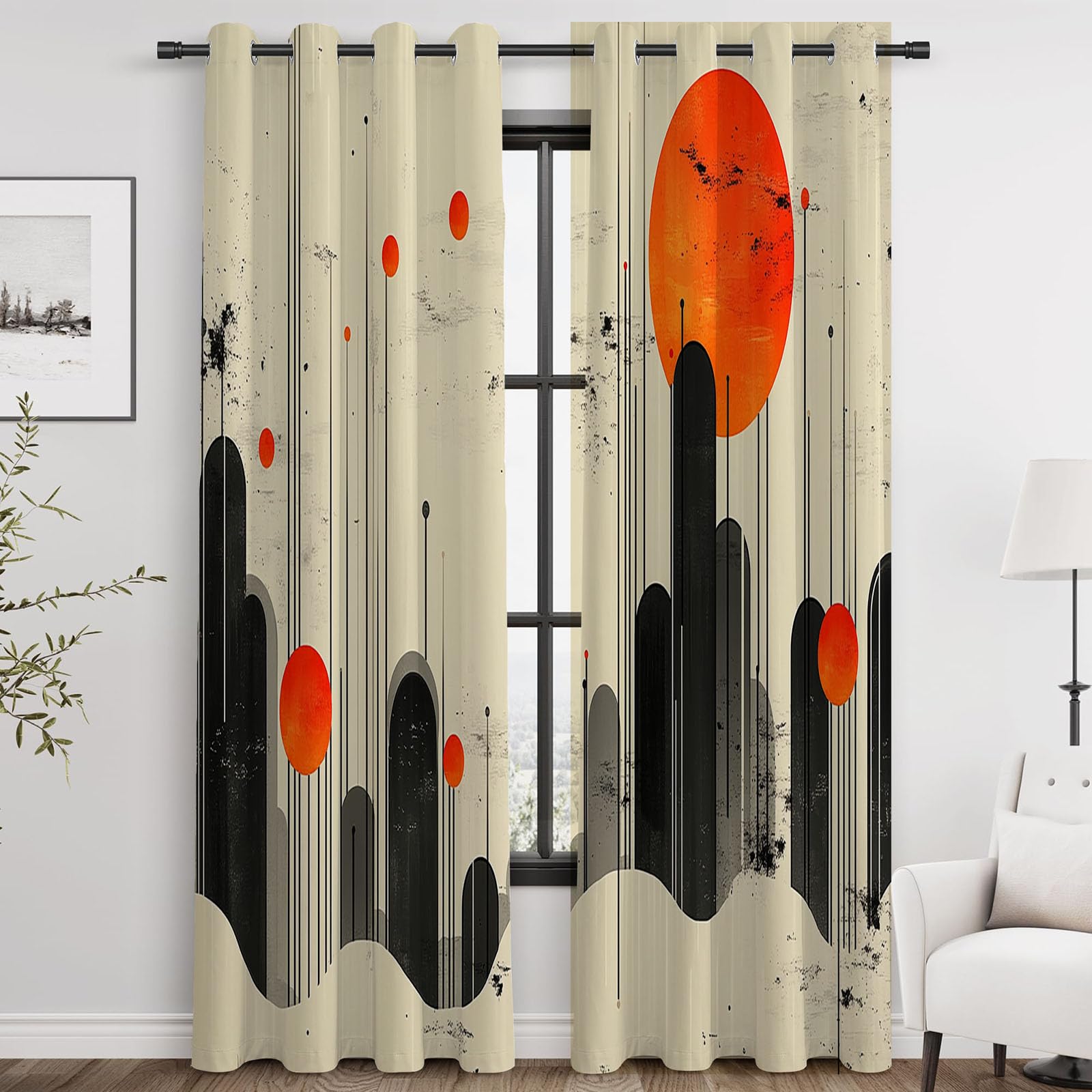 Vorhänge Blickdichte Retro - Minimalistisches Oranges Sonnenabstrakt Raumverdunklung, Vorhänge für Wohnzimmer und Schlafzimmer-H180 x B100 cm (2er Pack)