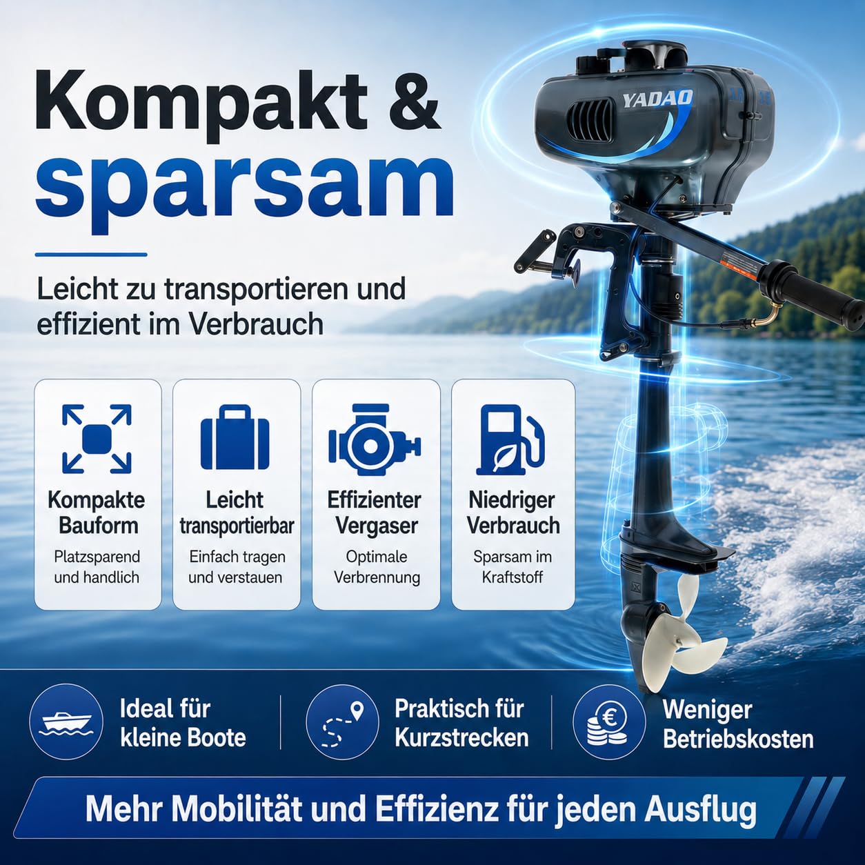 2-Takt 3,5 PS Außenbordmotor 75 lbs, Kurzer Welle mit CDI Zündung | 5000 U/min, 12 km/h (bei vier Personen), Halbluftgekühlt mit Kraftstofftank für Schlauchboot, Angelboot, Aluminiumboot