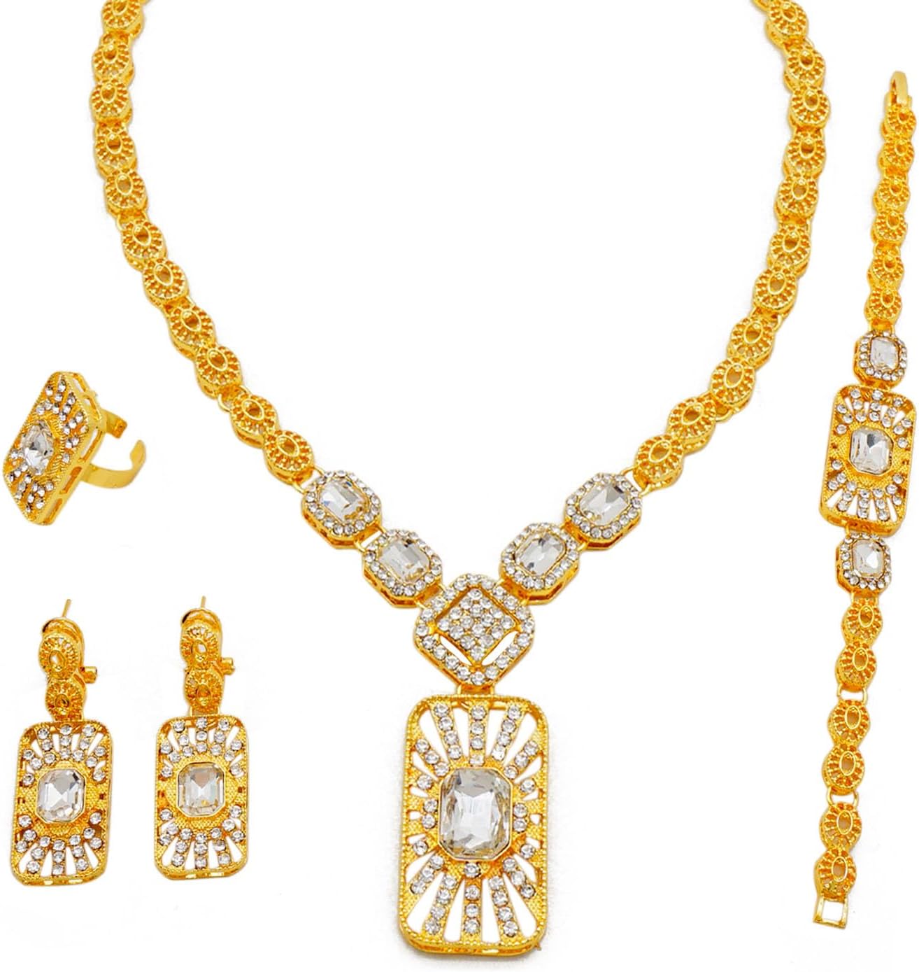 GDJWRI Luxury 4-Piece Dubai Gold Jewelry Set with Red Crystal and Gold Plating, 16.7″ Necklace, 7.9″ Bracelet, Earrings and Ring