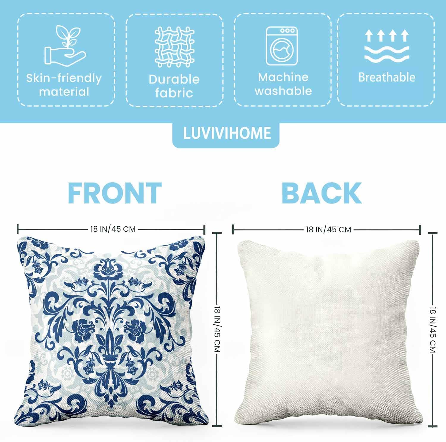 LUVIVIHOME Chinoiserie Pillow Covers, Decorative Throw Pillow Covers, Farmhouse Vintage Floral Blue and White Pillow Case for Sofa Couch Bed Outdoor Home Decor Chinoiserie Decor, 18x18 Inch Set of 4 - Image 7