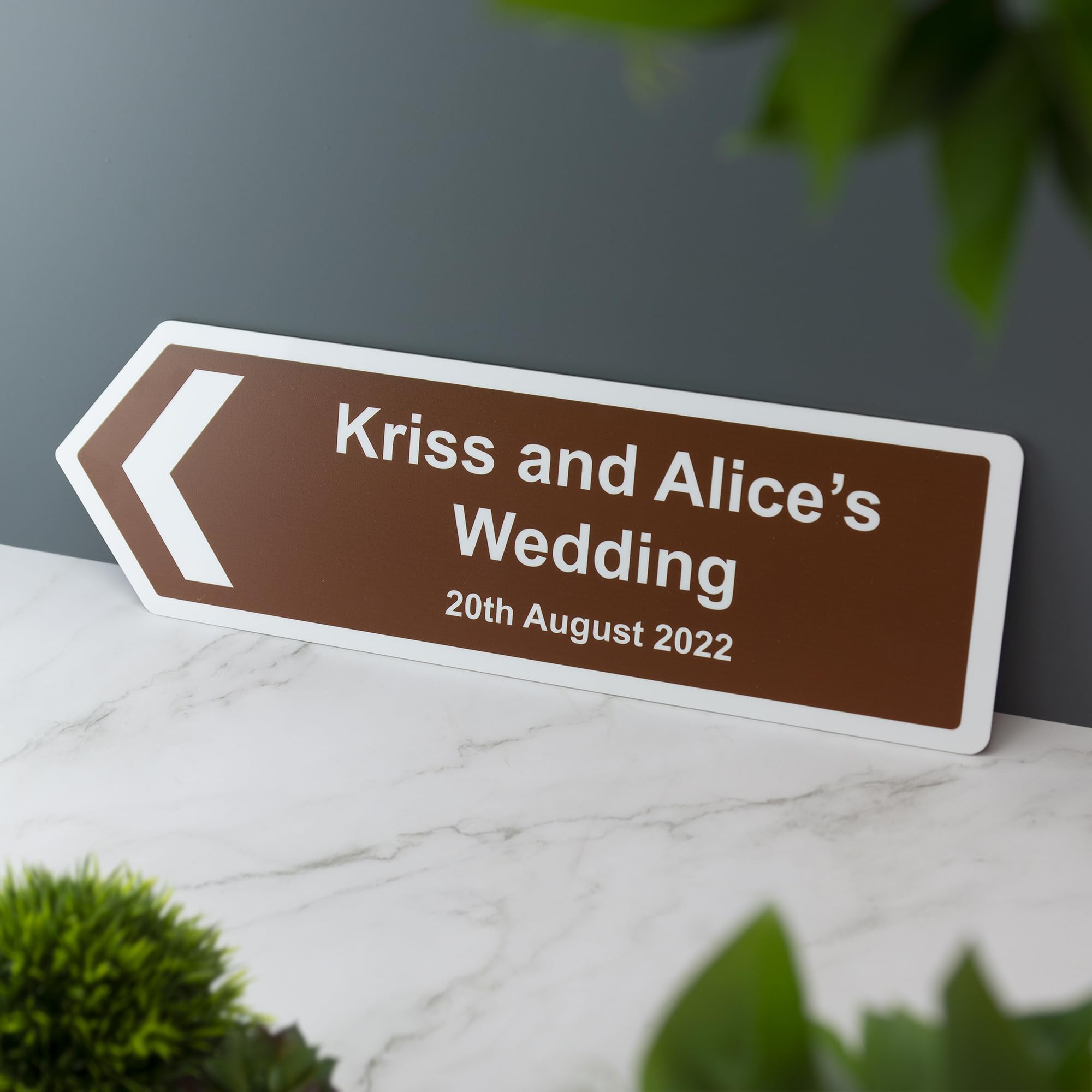 Personalised Wedding Directional Road Sign Acrylic UV Printed Signage (Small Left Arrow (300mm x 100mm))