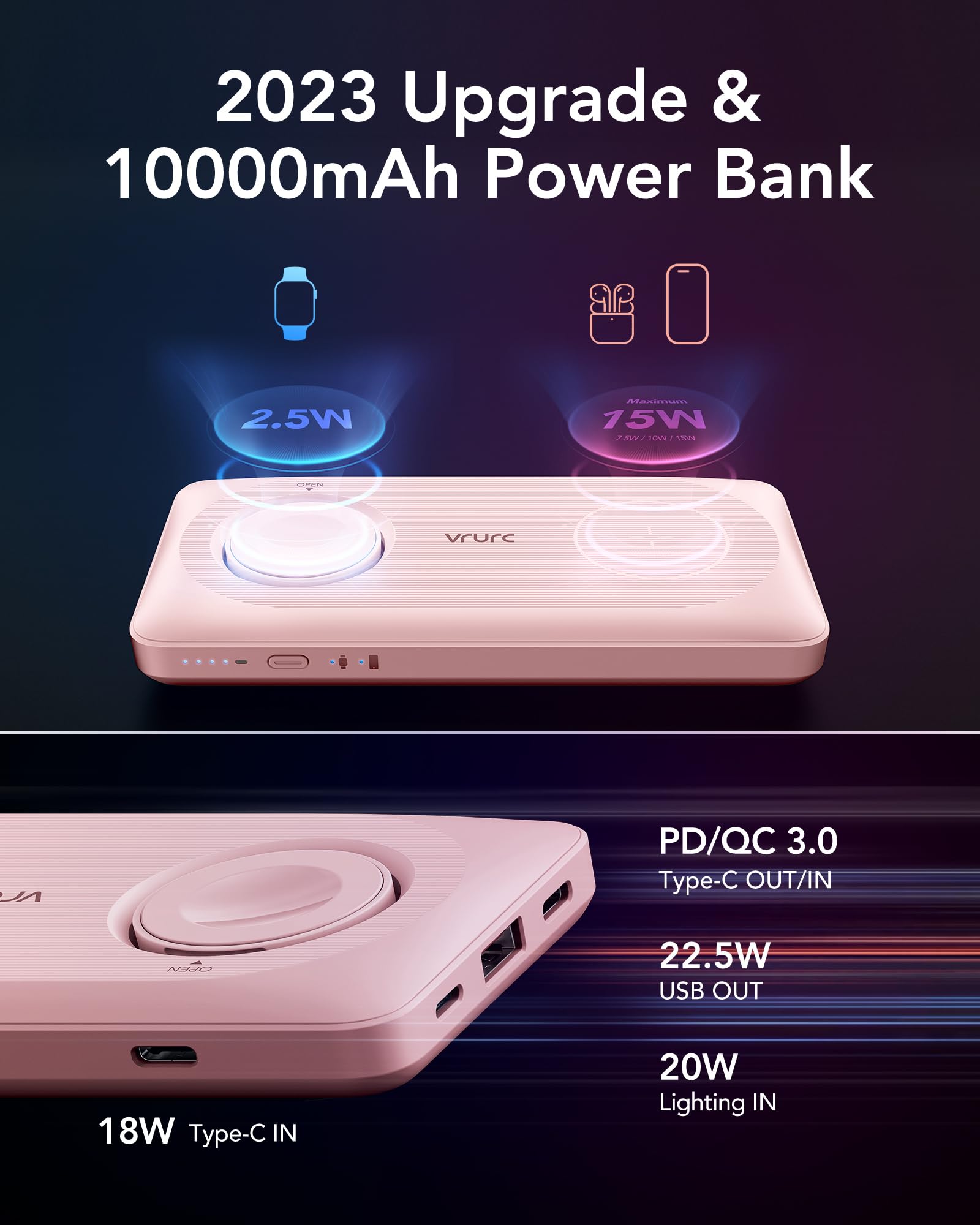 VRURC Power bank Magnetico, PowerBank 10000mAh, Caricabatterie Wireless 3 in 1, Ricarica Rapida da 22,5 W Compatibile con iPhone Serie, Apple Watch Ecc - Rosa