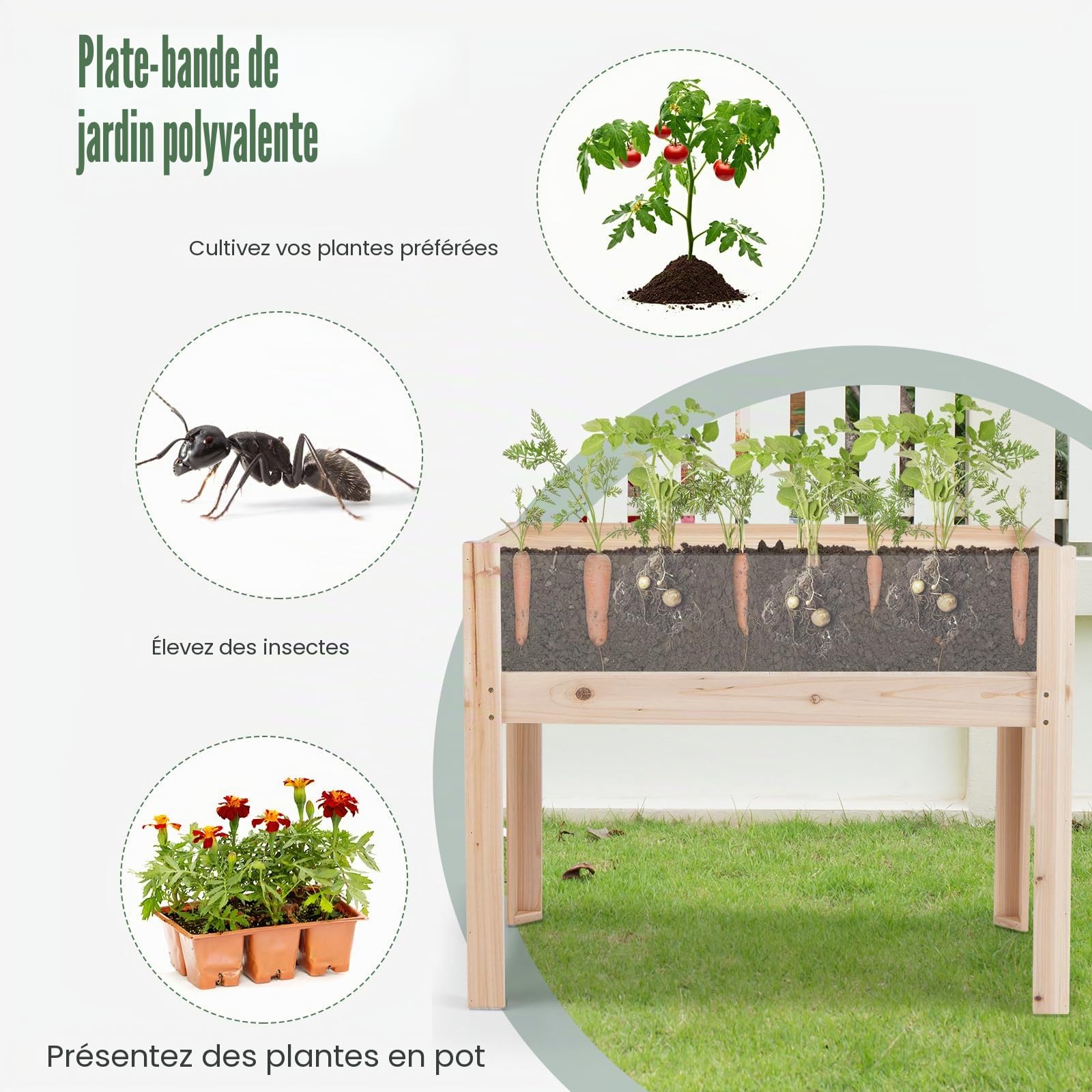 HOMASIS Carré Potager sur Pied en Bois de Sapin, Parterre de Fleurs Surélevée d'Extérieur avec Plaque Acrylique & 2 Trous d'échappement, Jardinière Surélevée pour Balcon, Jardin, 100 x 59 x 77 cm