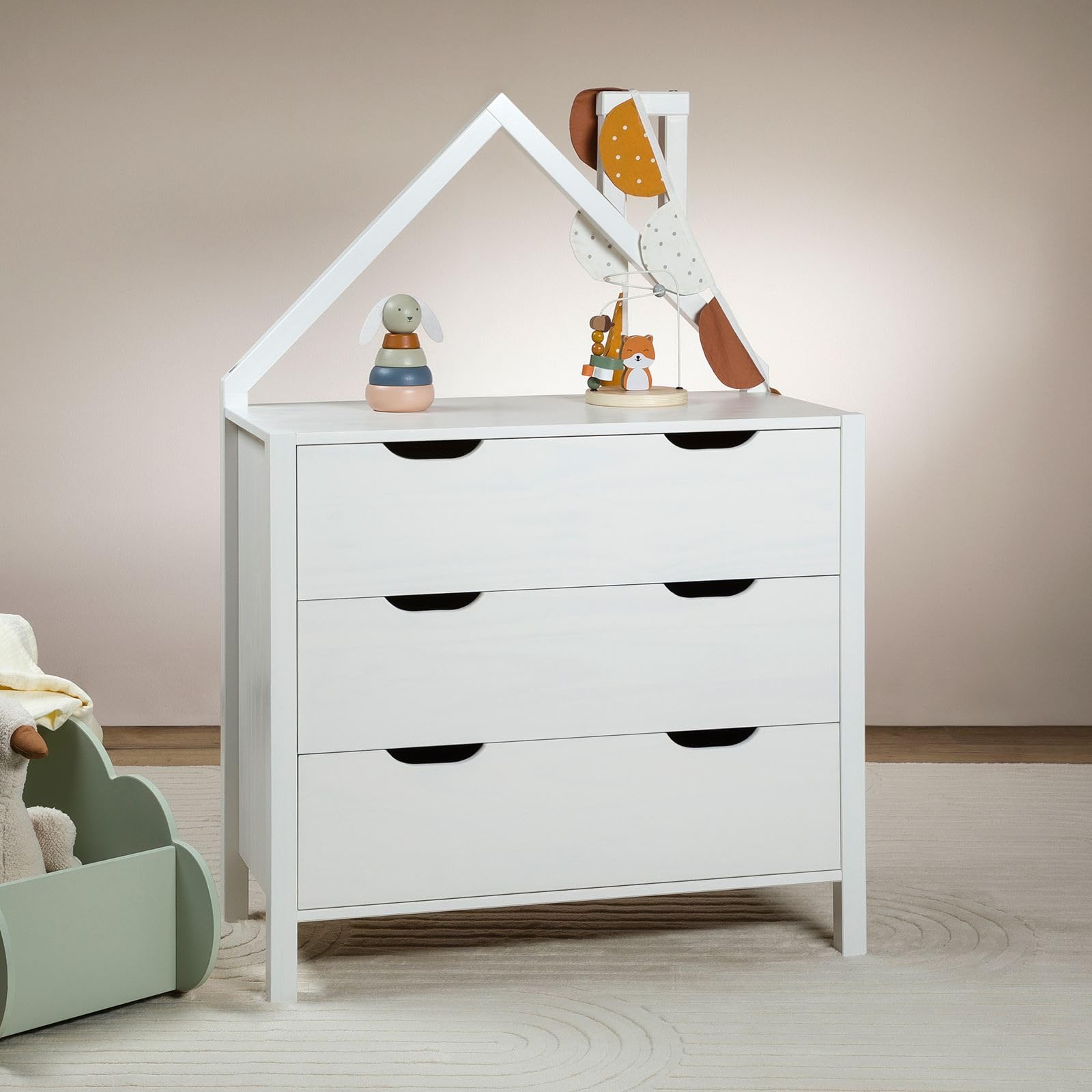 IDIMEX Kommode ELANO in Hausform - Weiß, massives Kiefernholz, 3 große Schubladen, Kinderzimmer Aufbewahrung, Kleiderschrank, Kinderzimmer möbel, Schubladenkommode