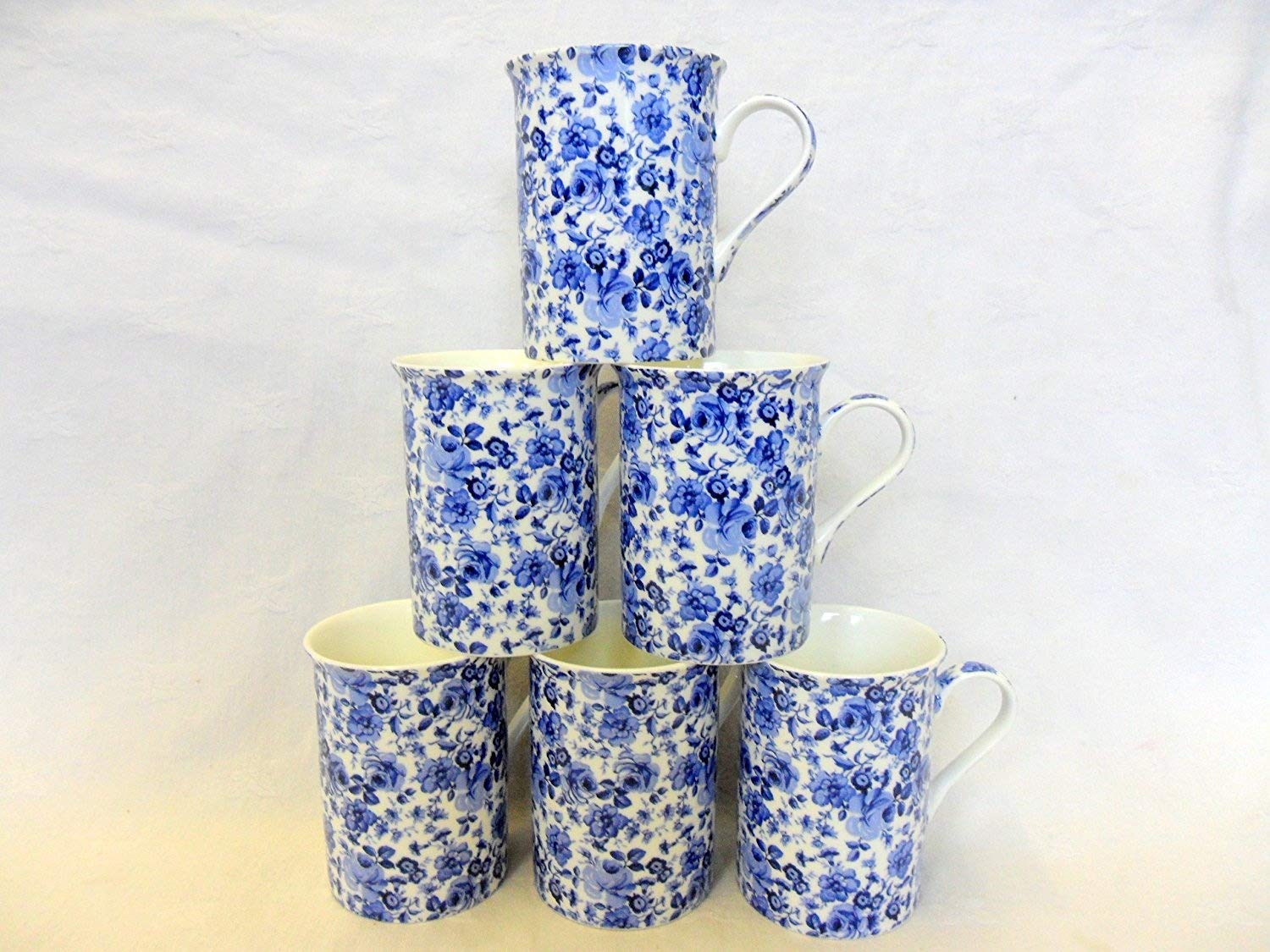 Heron Cross Pottery "Abbeydale Collection" Blue Rose Design Set Of 6 China 10Oz Mugs In