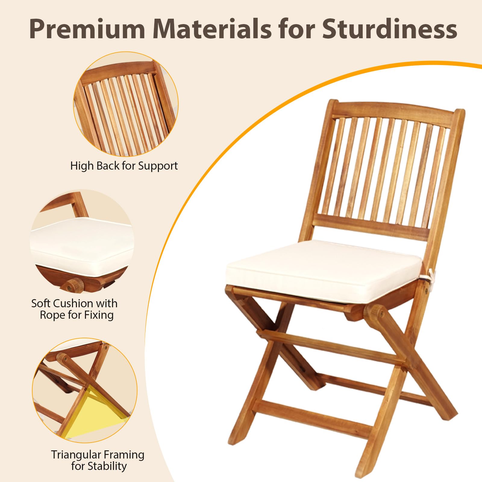 KOMFOTTEU Set da Bistrò Pieghevole, Tavolo Portato 40 kg, Sedie con Cuscini Portato 160 kg, Set Giardino, Set Tavolo e Sedie da Giardino, Set da Esterno per Balcone (Cuscini Beige)