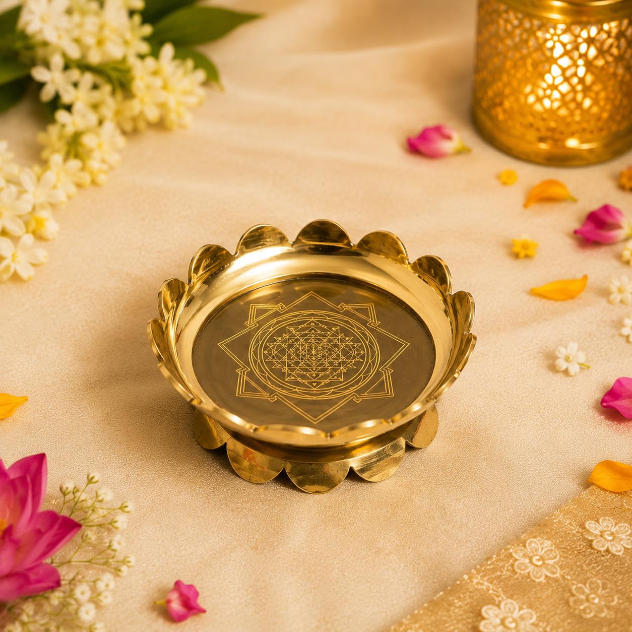 Brass Lotus Urli Bowl with Shri Chakra Engraving | 4 inch Pooja Offering Bowl | Divine Gift for Housewarming | varalakshmi Pooja Gift | Home Temple Decor | Spiritual Gift-image-5
