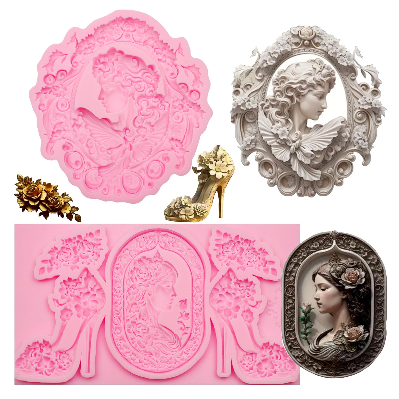 Viktorianische Kameen-Harzformen, Silikon-Blumen-Tonformen für Bastelarbeiten, Blumen-High-Heel-Schokoladenform für Torten Dekoration, Kunstharz Gießformen mit Zahlen und Ornamenten