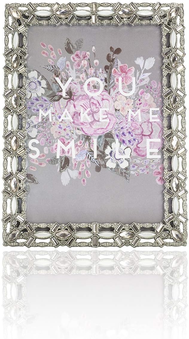 Ornate Jeweled Decorative Metal Picture Frame For 5” x 7” Photos with Real Glass for Home & Living Room, Wall Mount & Table Top – Silver Stones (2 Pack)