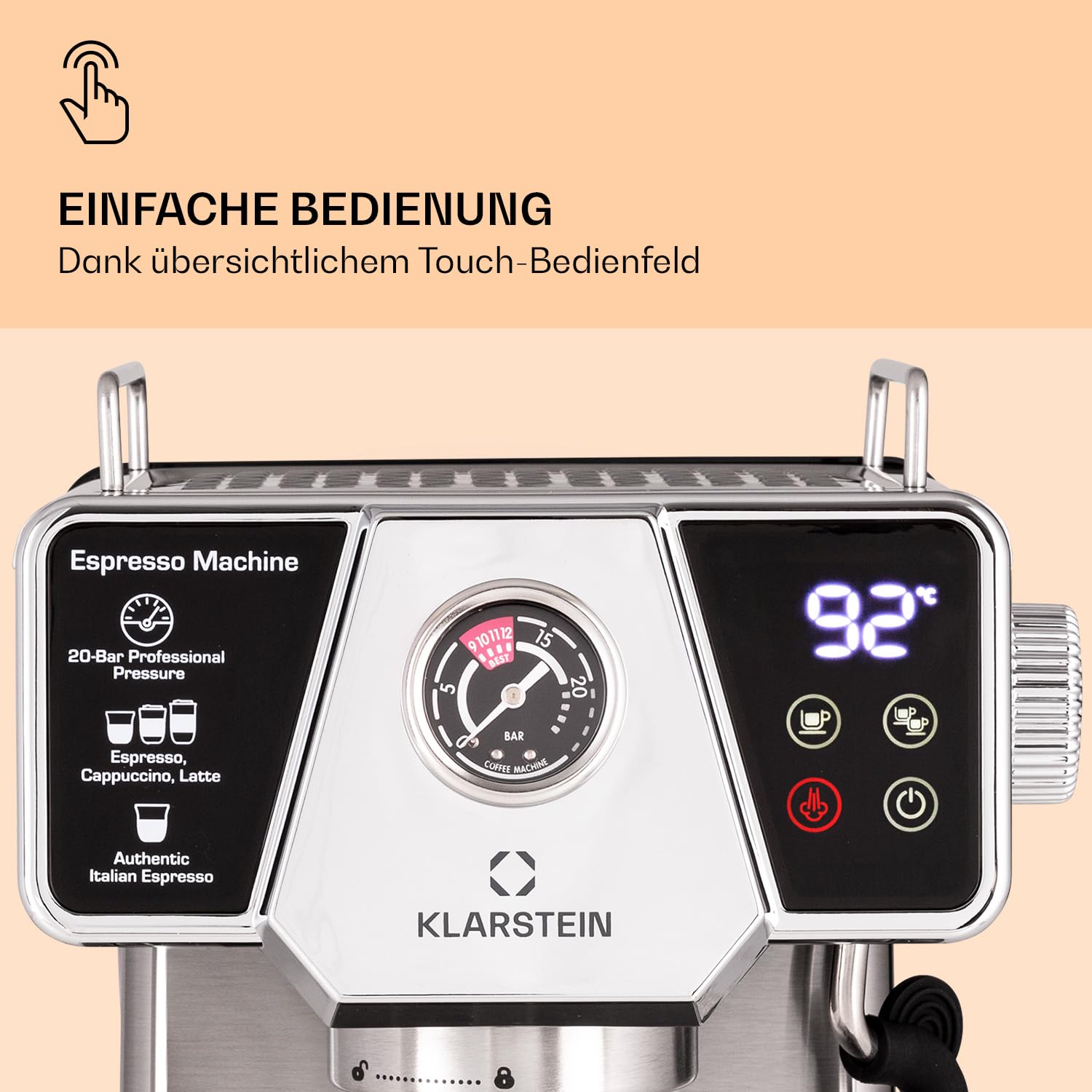 Klarstein 1,8 L Siebträgermaschine Espressomaschine 19 Bar 1350 W Edelstahl Mini Kaffeemaschine mit Milchschäumer