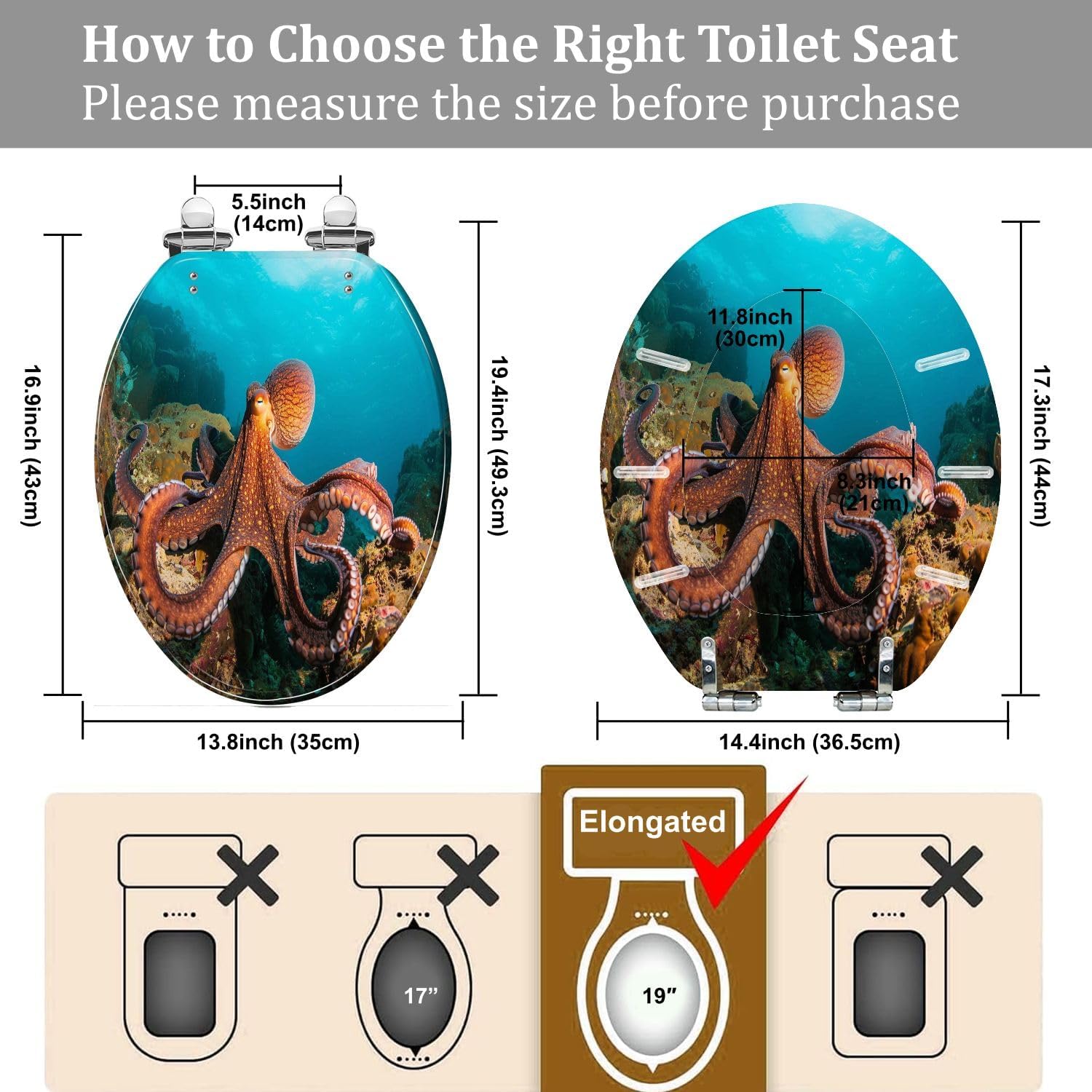 Elongated Toilet Seat octopus water coral Resin Toilet Seat Quietly Close Quick Release Hinges Decorative Toilet Seat with Cover Easy to Install